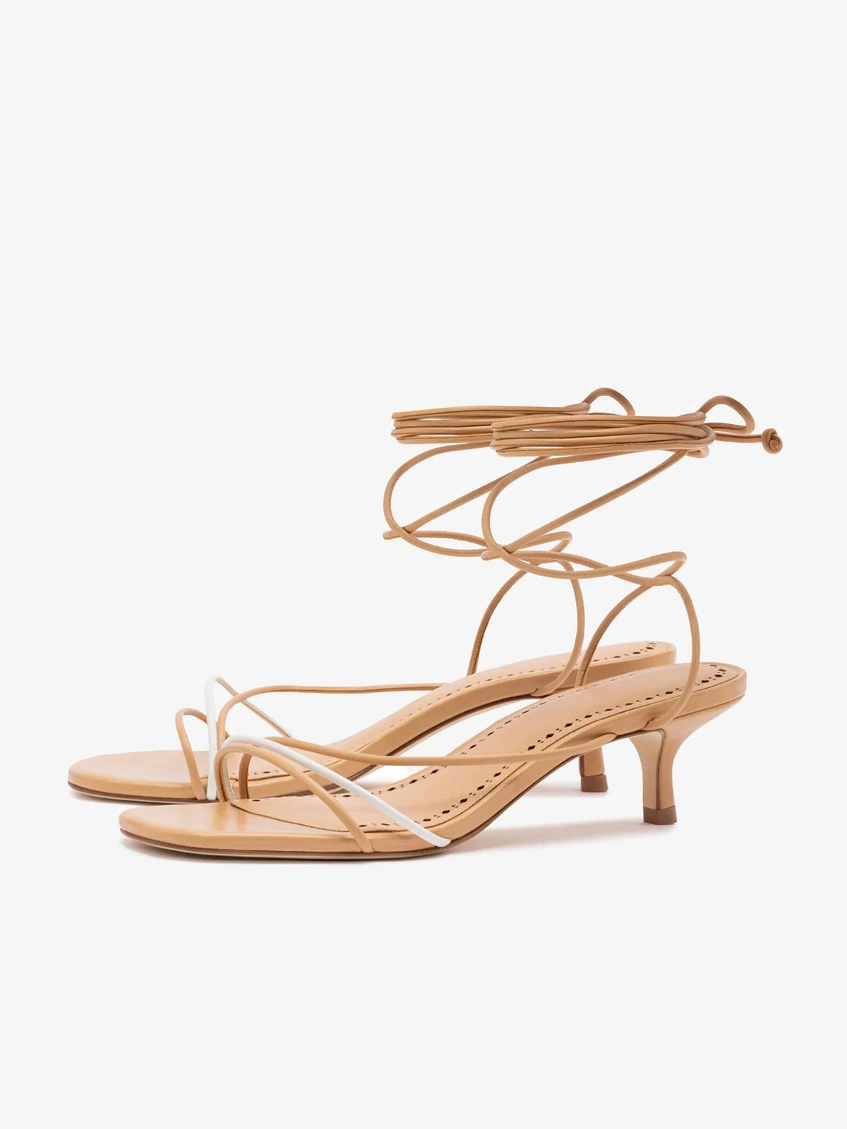 Tan Round-Toe Front And Long Ankle Strap Kitten Heels