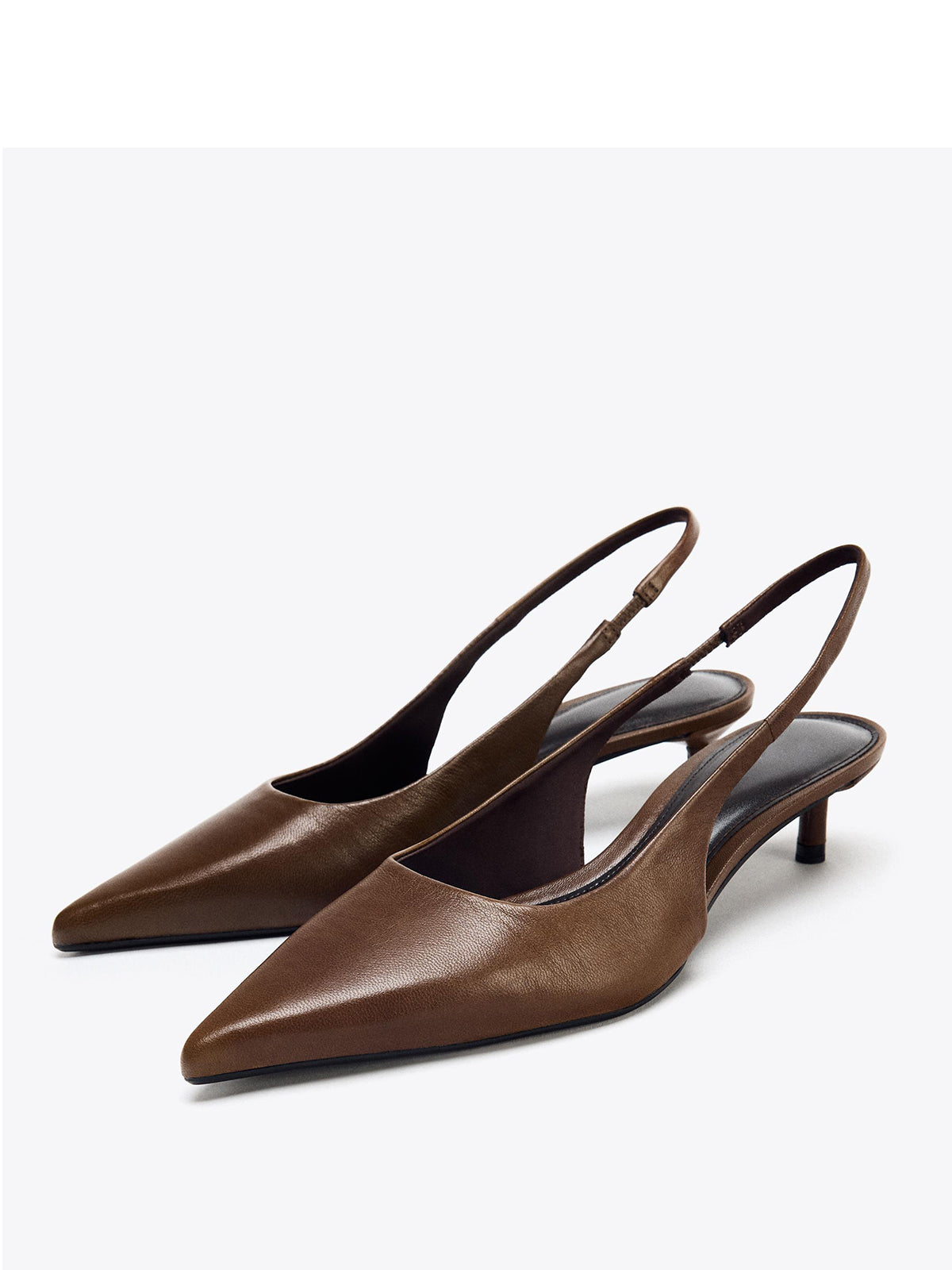 Brown Pointed-Toe Thin Slingback Kitten Heels