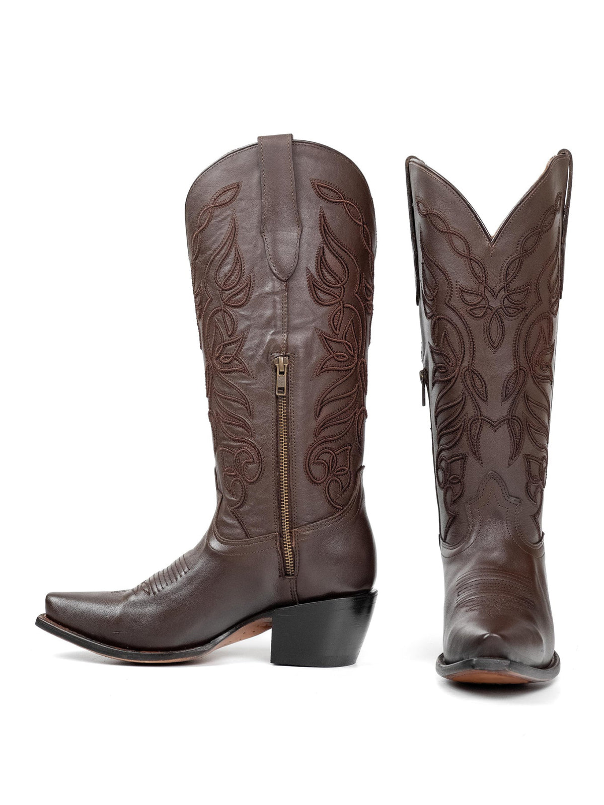 Snip-Toe Sleek Embroidery Half-Zip Knee High Cowgirl Boots For Woman - Brown