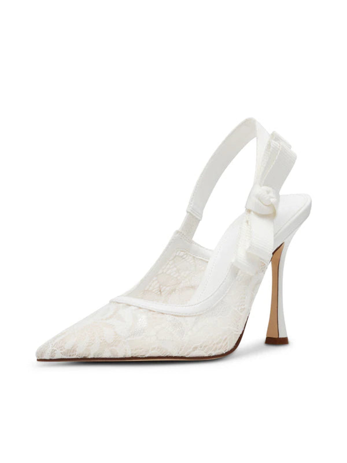 White Lace Mesh Pointed-Toe Slingback With Bow High Heels