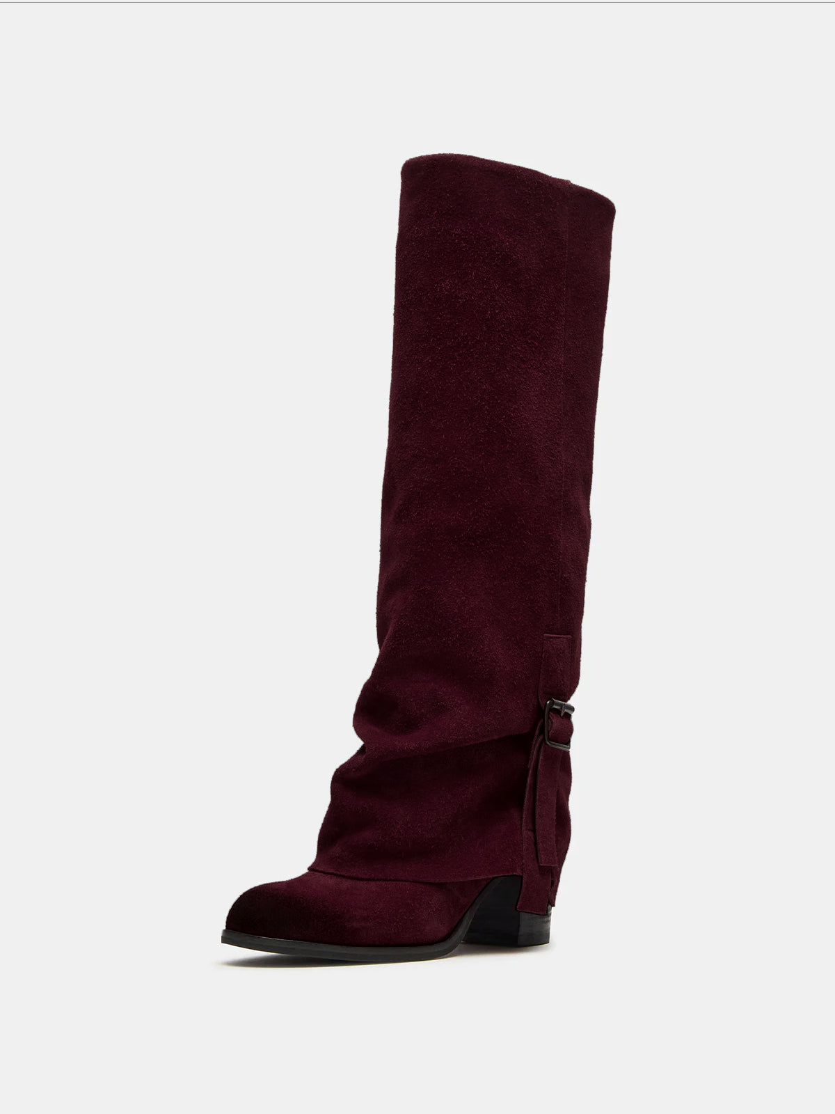 Wine Red Faux Suede Round-Toe Fold-Over Adjustable Buckle Knee High Cowgirl Boots