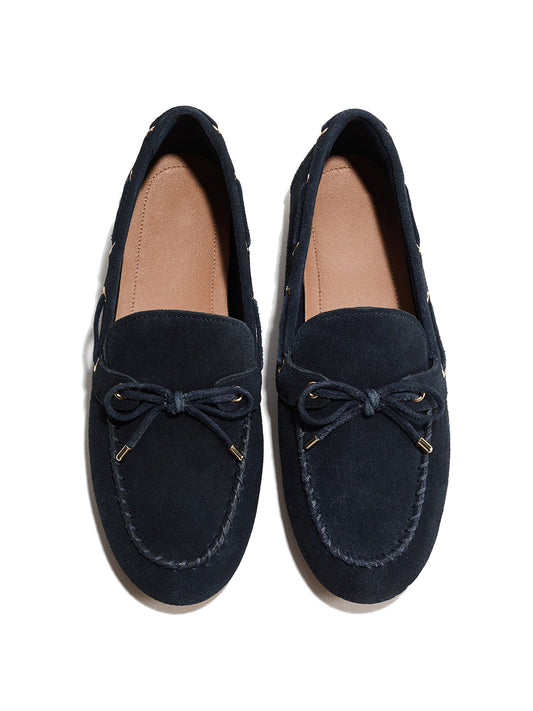 Navy Faux Suede Round-Toe Front Chic Bow Slip-On Flats
