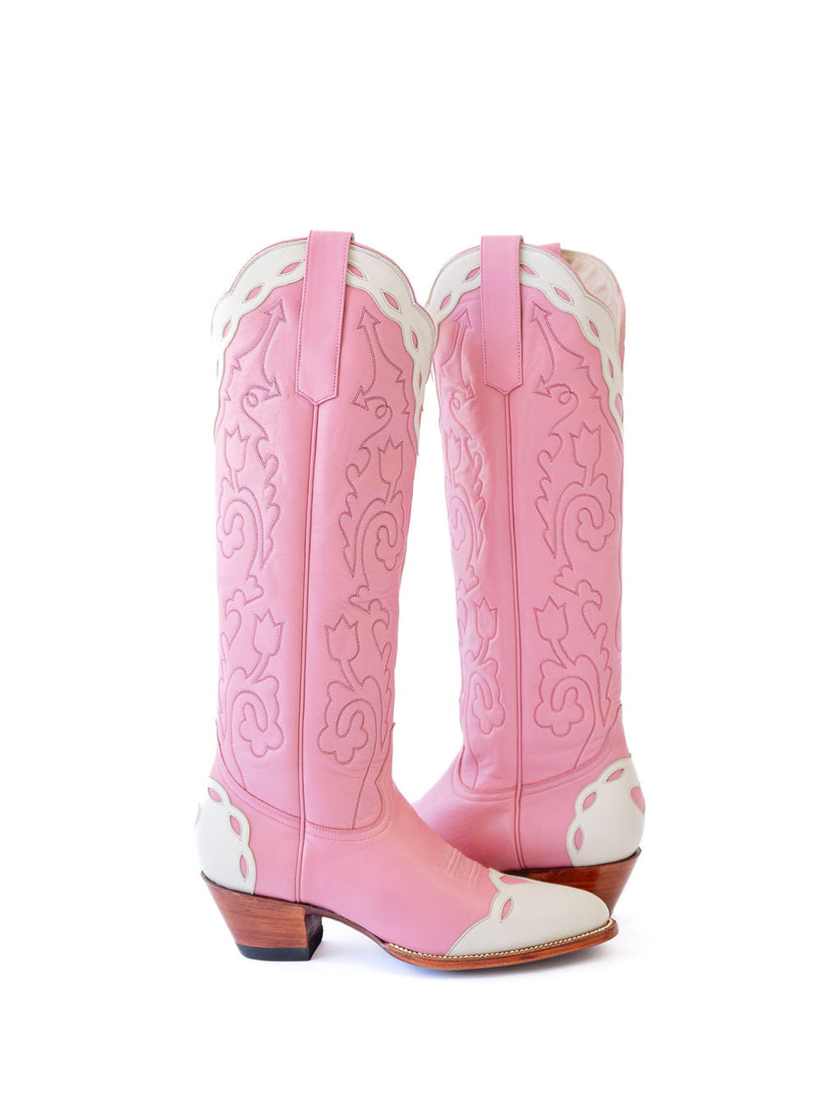 Contrast Pink And Ivory Almond-Toe Embroidery Hearts Inlay Wide Calf Knee High Cowgirl Boots