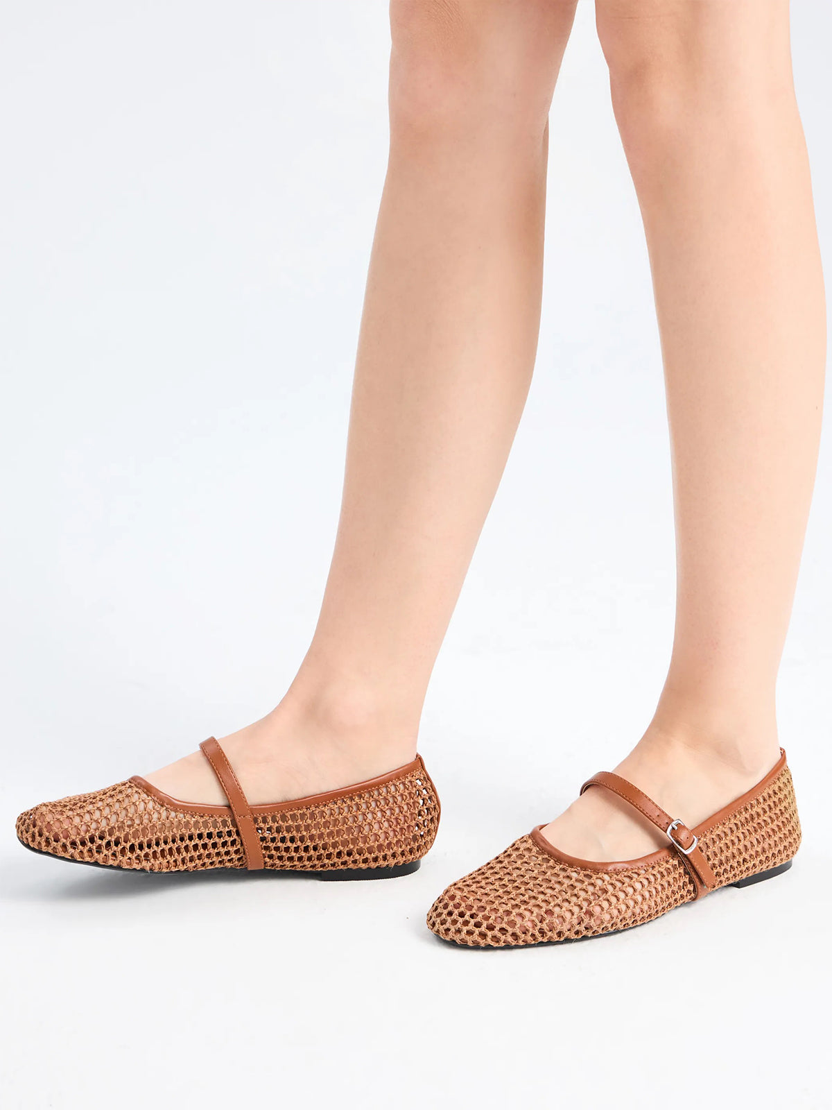Brown Grass Woven Round-Toe Buckle Mary Jane Chic Flats