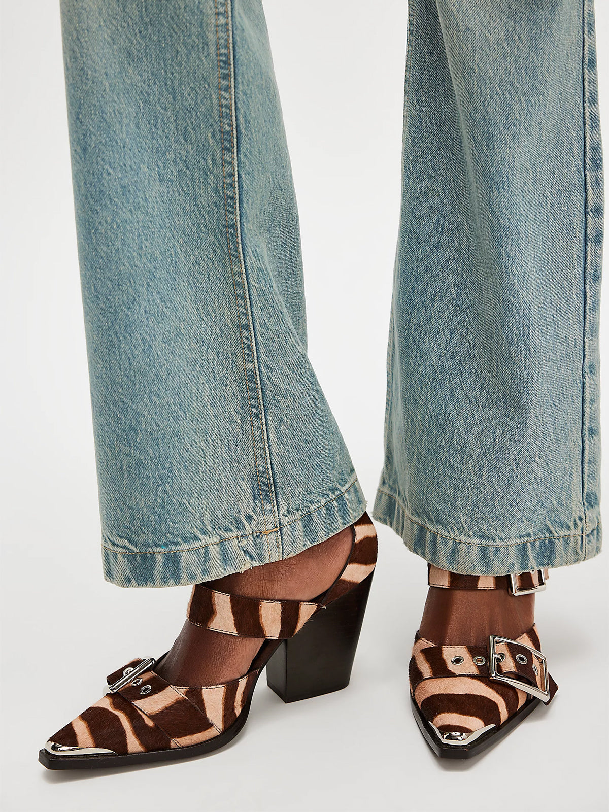 Pointed-Toe Three Buckled Straps Back Zip Chunky High Heels - Zebra