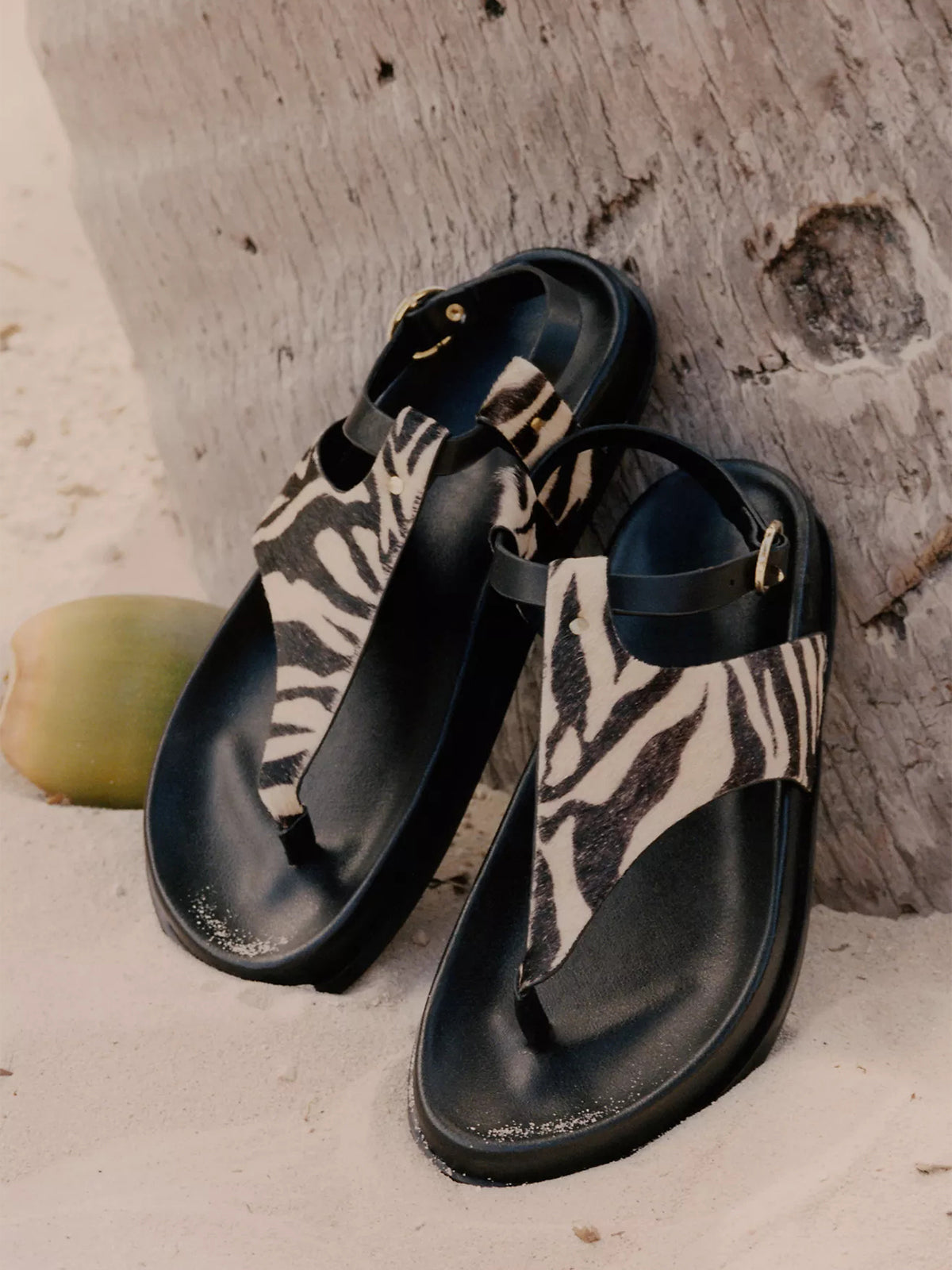 Zebra Pattern Round-Toe T-Strap And Ankle Strap Flats Sandals