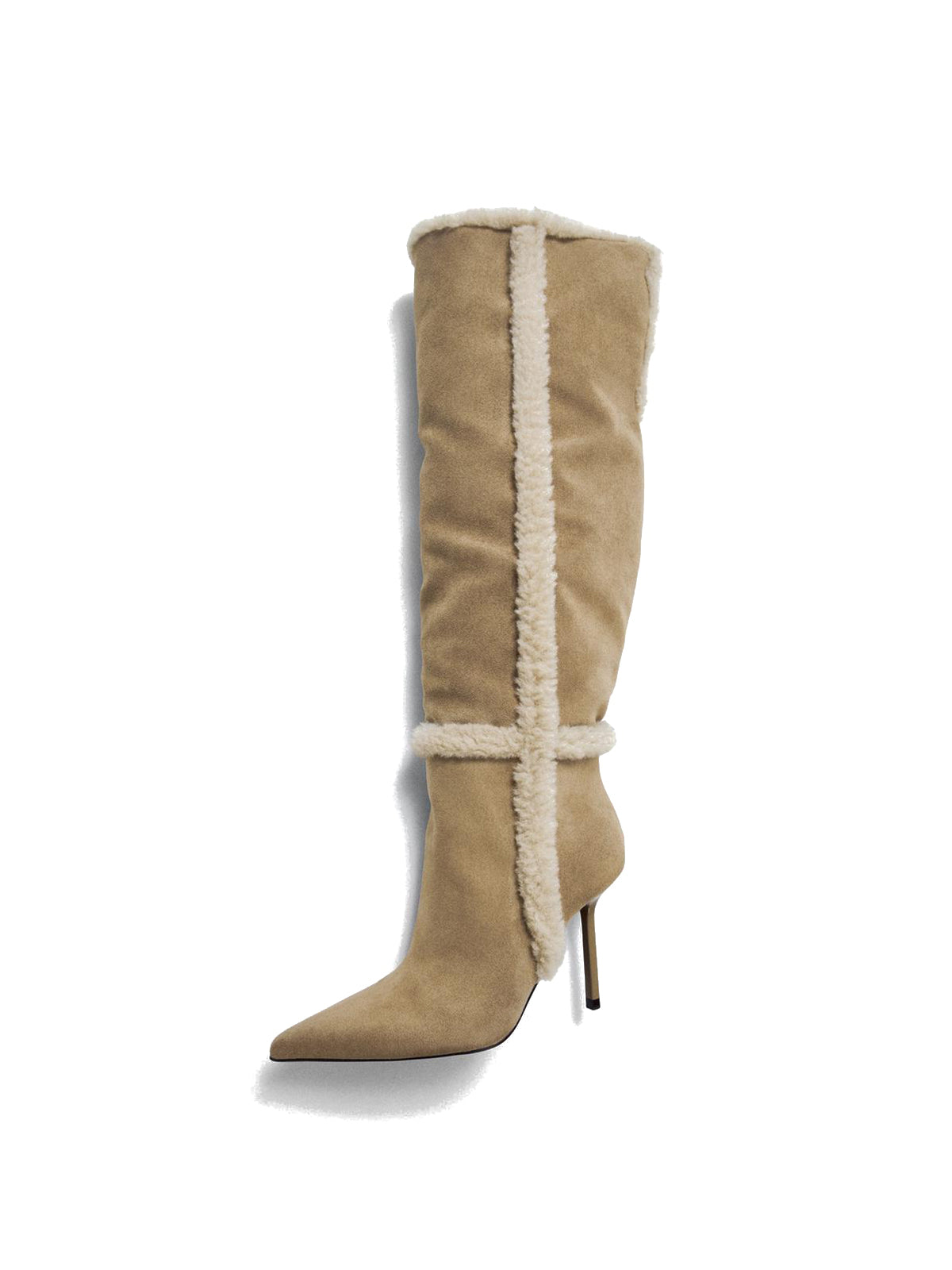 Light Beige Faux Suede Pointed-Toe Plush Wide Calf Knee High Stiletto Boots