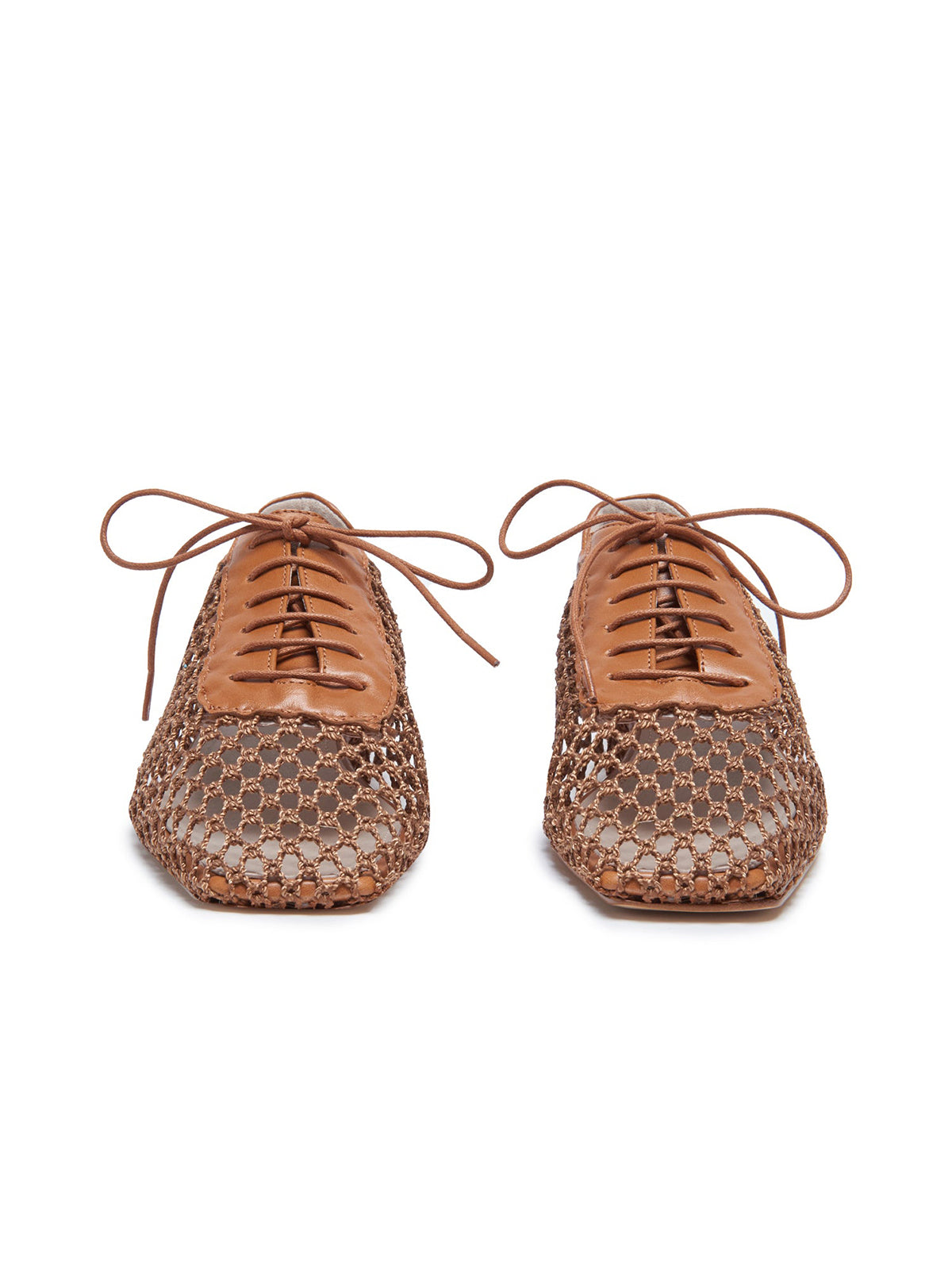 Camel Mesh And Vegan Leather Square-Toe Lace-Up Chic Flats