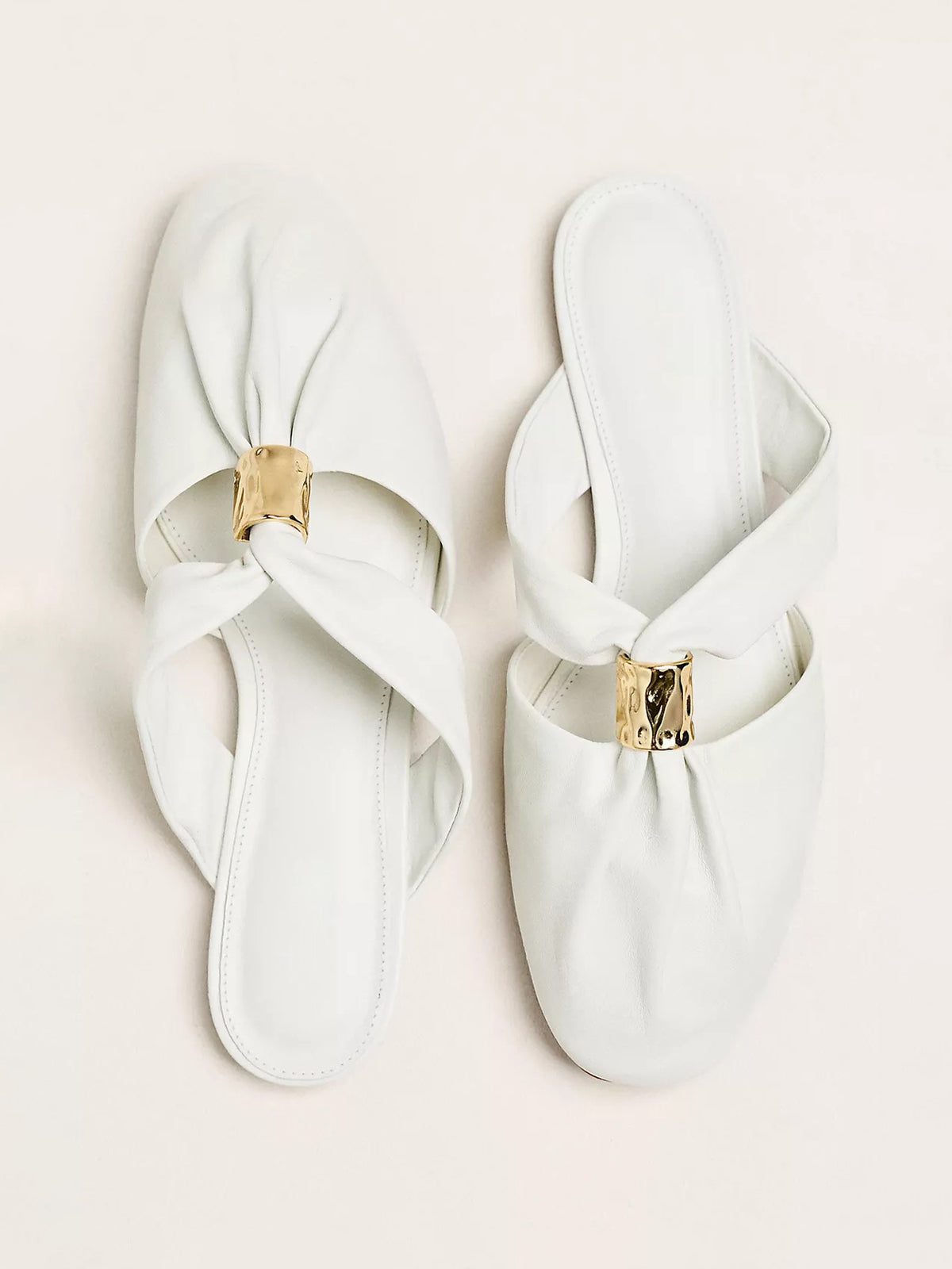 Cream Closed Square-Toe Slip-On Backless Flats