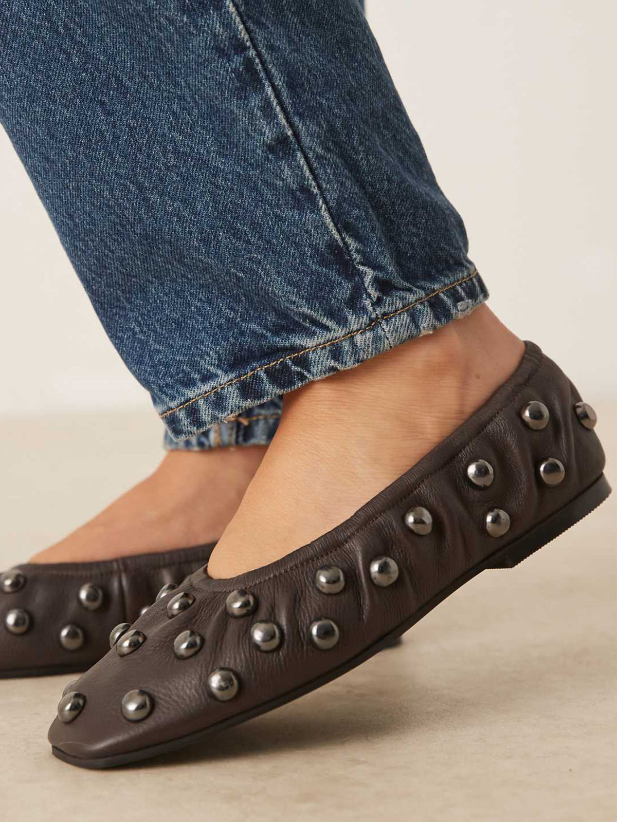 Brown Square-Toe Studded Scrunch Ballet Flats