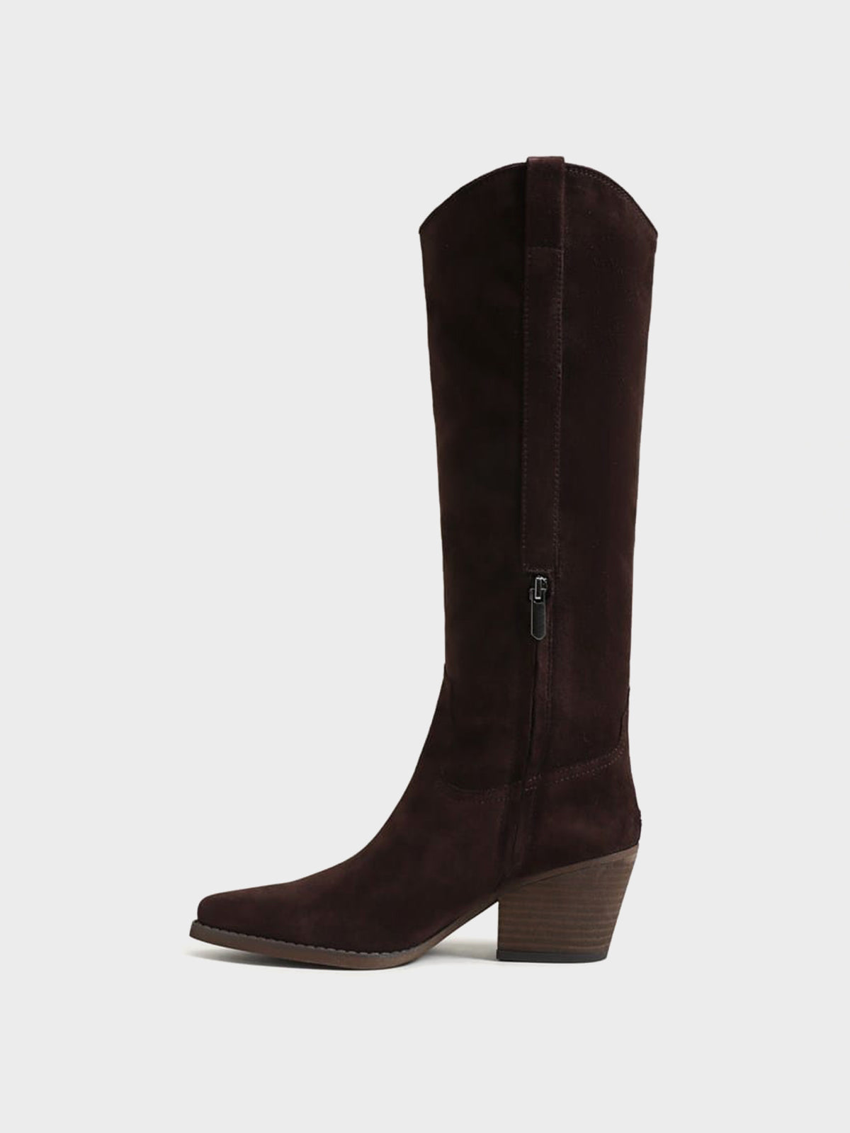 Pointed-Toe Chic Western Half-Zip Knee High Cowgirl Boots - Coffee Faux Suede
