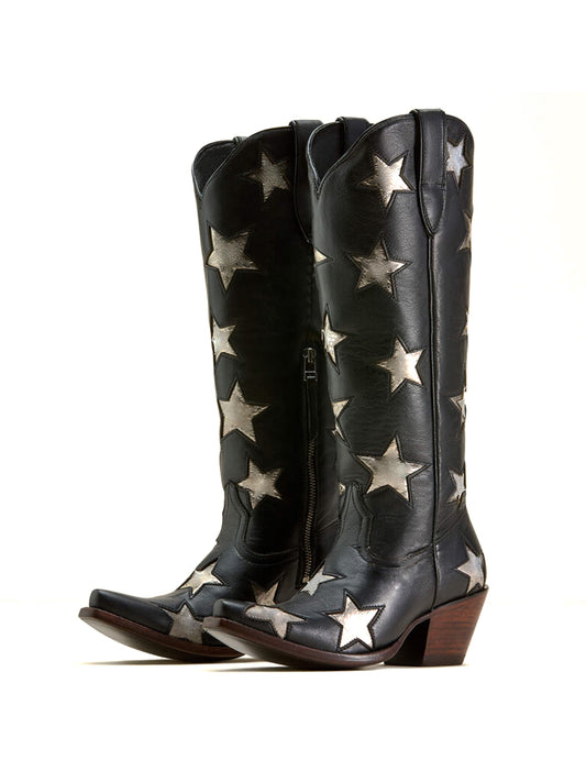 Black Snip-Toe Metallic Stars Inlays Chic Wide Calf Knee High Cowgirl Boots