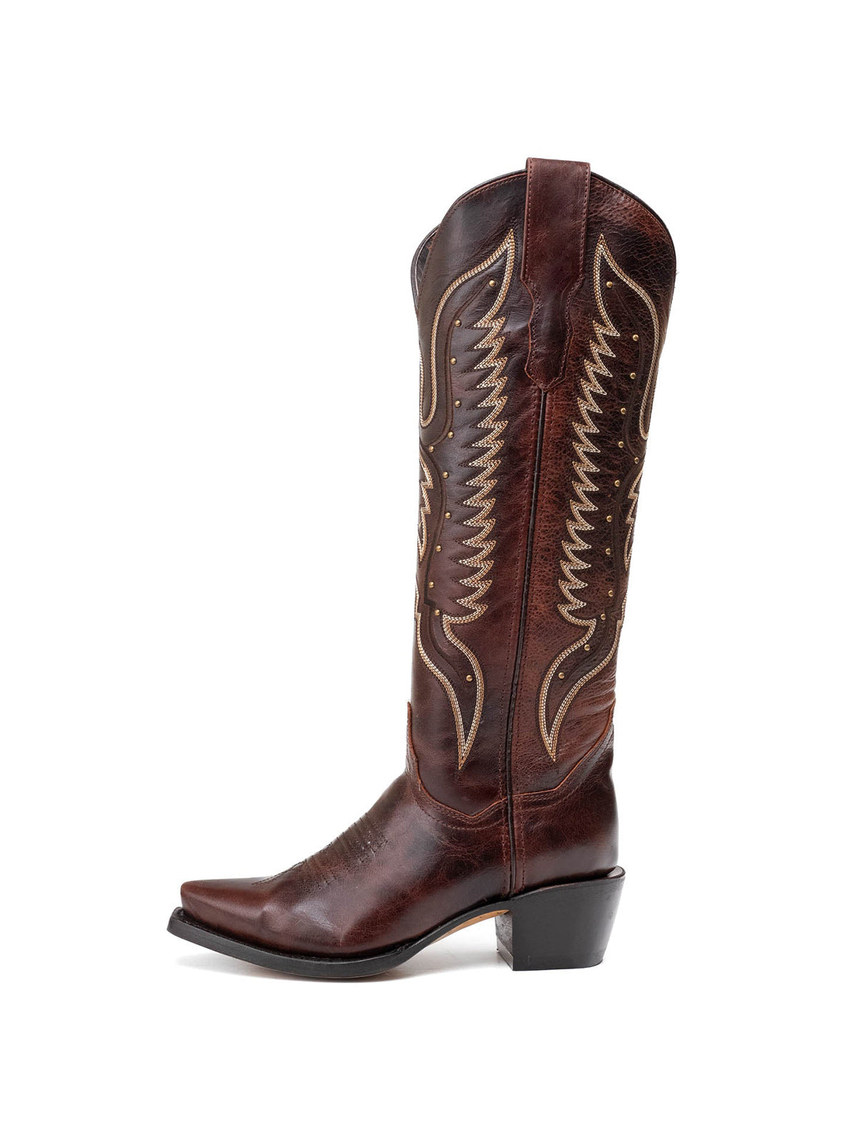 Western Snip-Toe Wings Embroidery And Studs Wide Calf Knee High Cowgirl Boots - Cognac