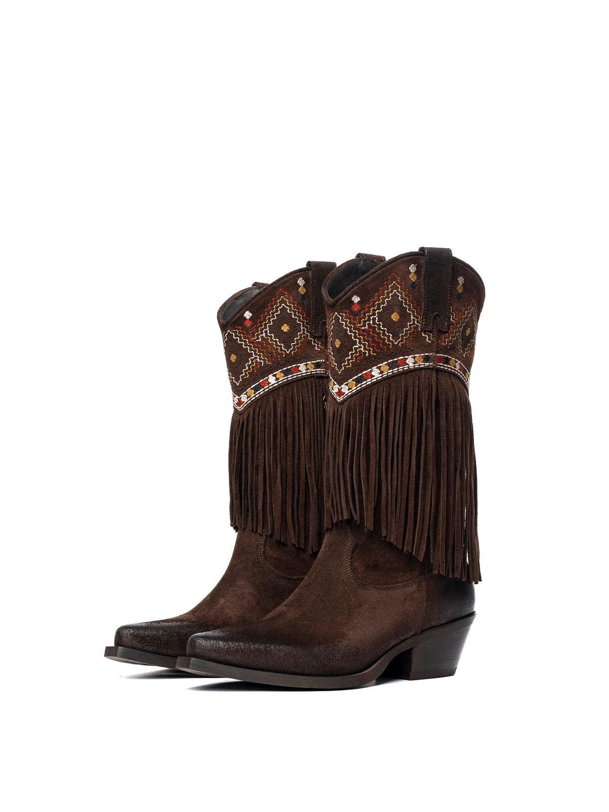 Brown Faux Suede Snip-Toe Fringe Top Embroidery Zipper Mid Calf Cowgirl Boots