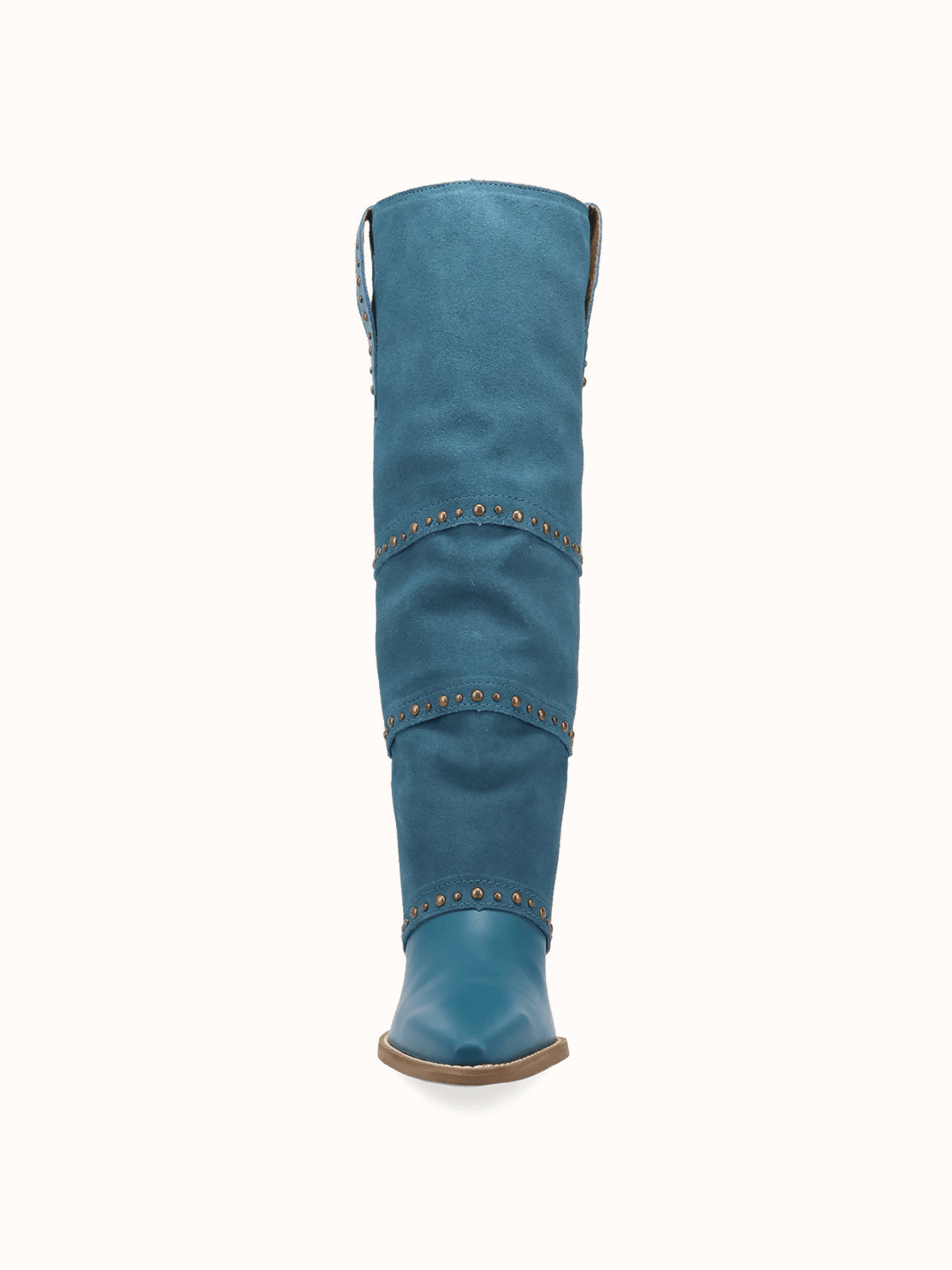 Blue Snip-Toe Faux Suede Fold-Over With Studs Wide Calf Knee High Cowgirl Boots