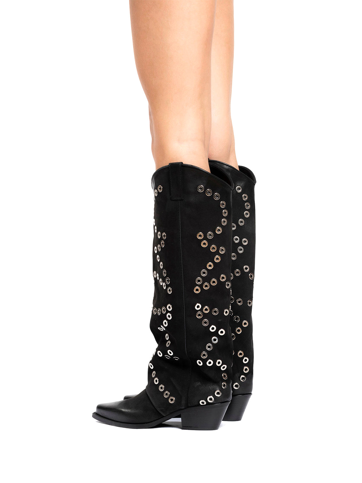 Black Faux Suede Snip-Toe Eyelet Wide Calf Knee High Cowgirl Boots