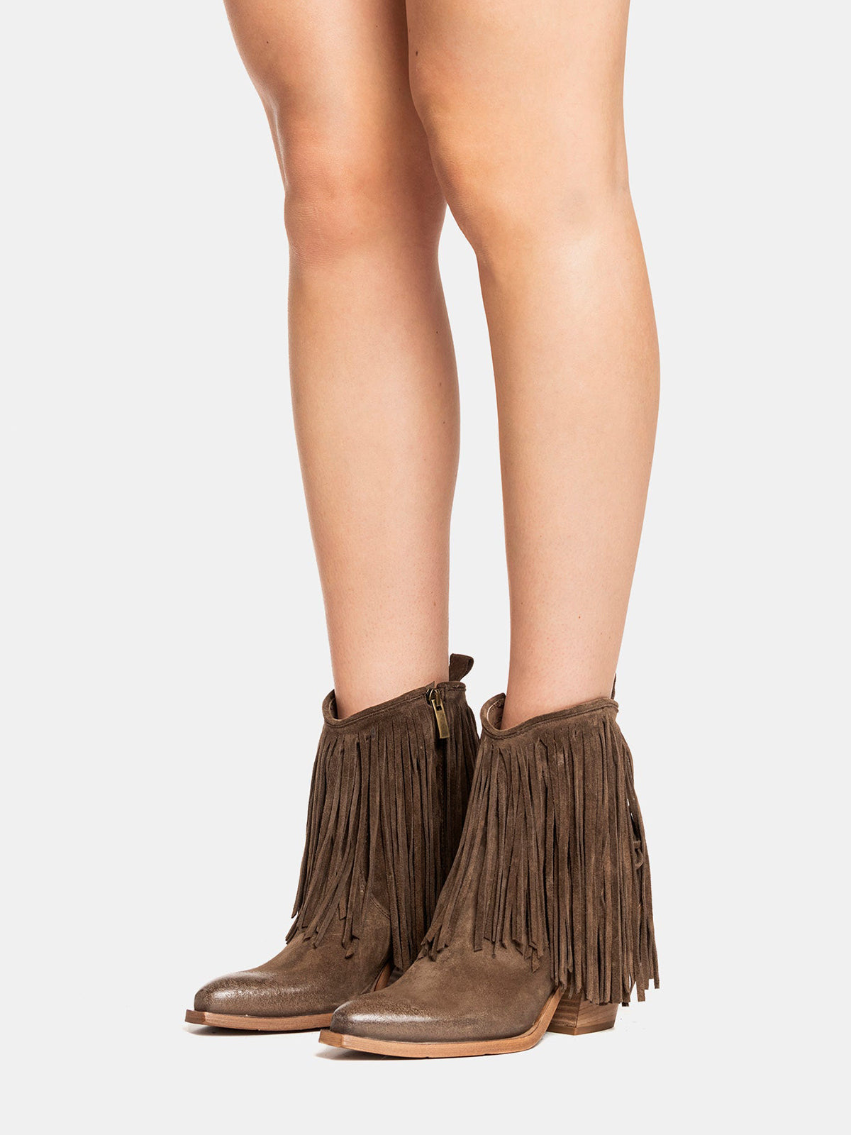 Dark Brown Faux Suede Snip-Toe Fringe Full-Zip Ankle Cowgirl Boots