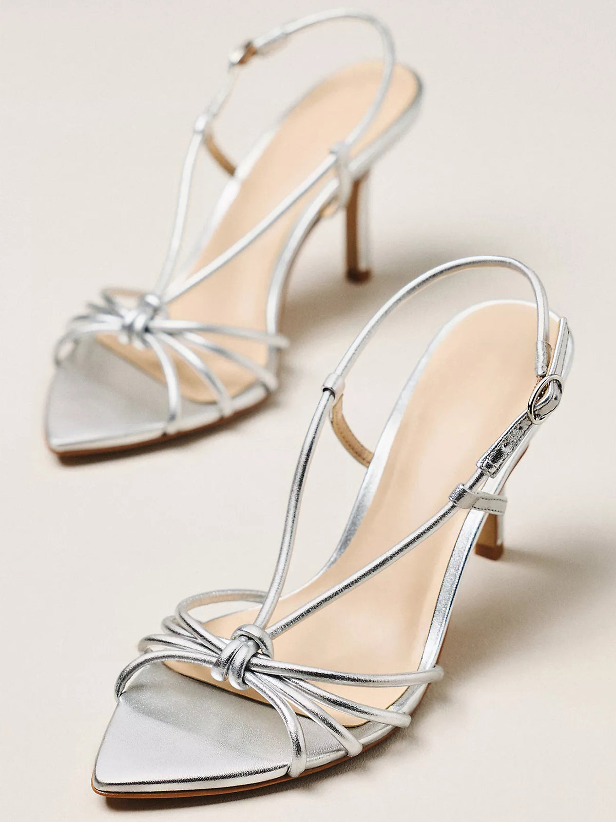 Metallic Silver Open Pointed-Toe Strappy And Buckle Slingback High Heels
