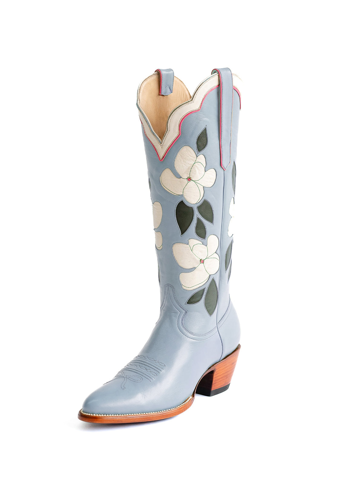 Blue Almond-Toe White Flower Inlay Wide Calf Knee High Cowgirl Boots