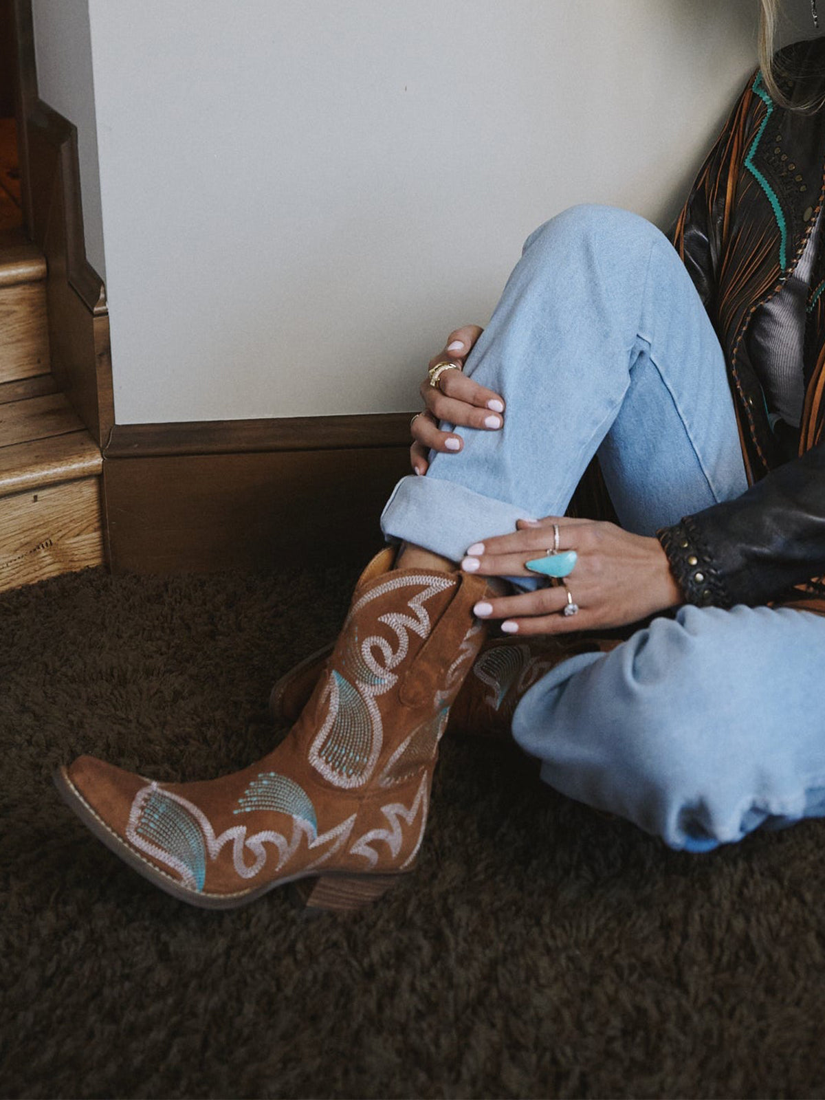 Brown Faux Suede Snip-Toe Delicate Embroidery Ankle Cowgirl Boots