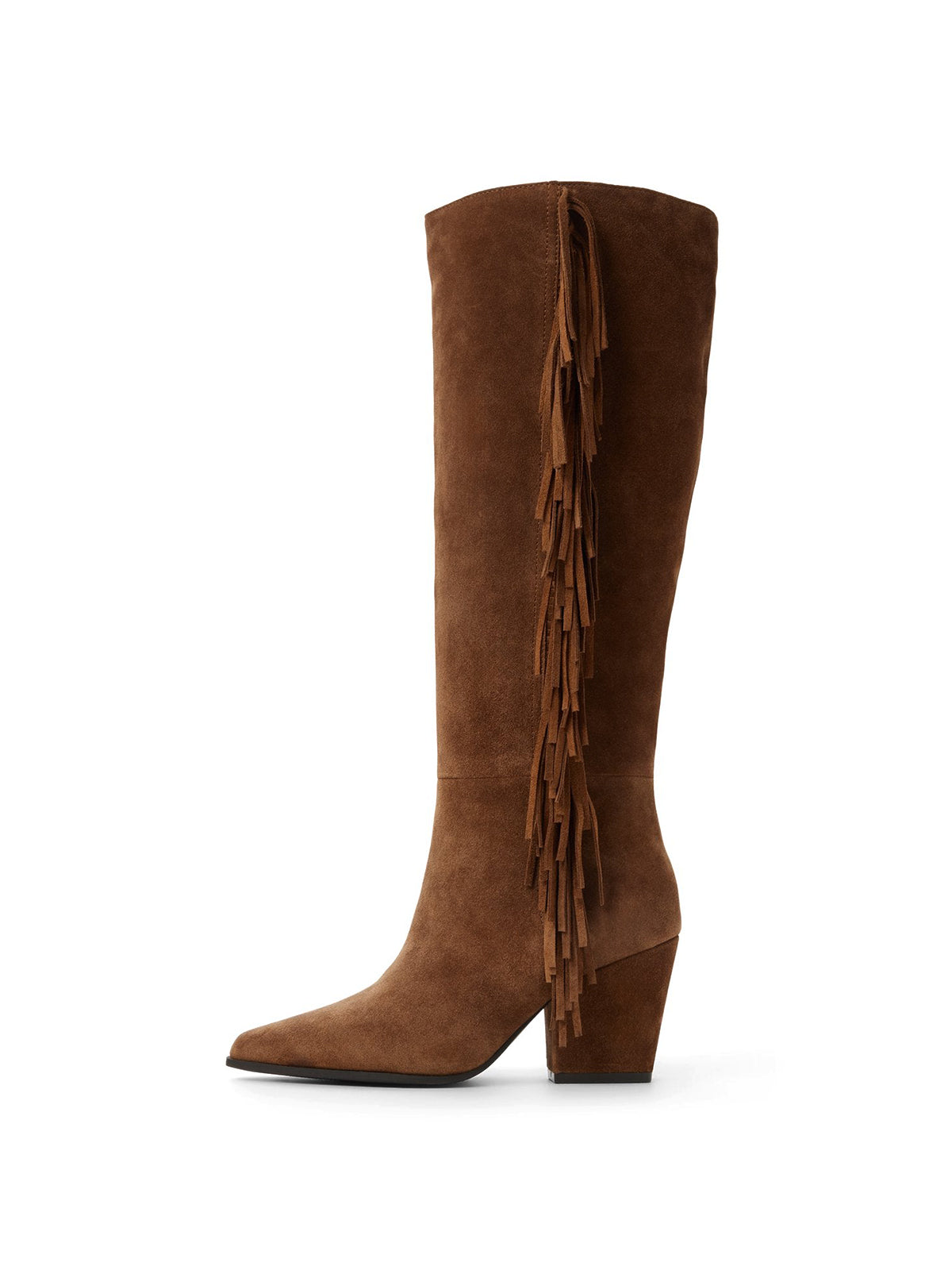 Brown Faux Suede Snip-Toe Side Fringe Half-Zip Simple Knee High Cowgirl Boots