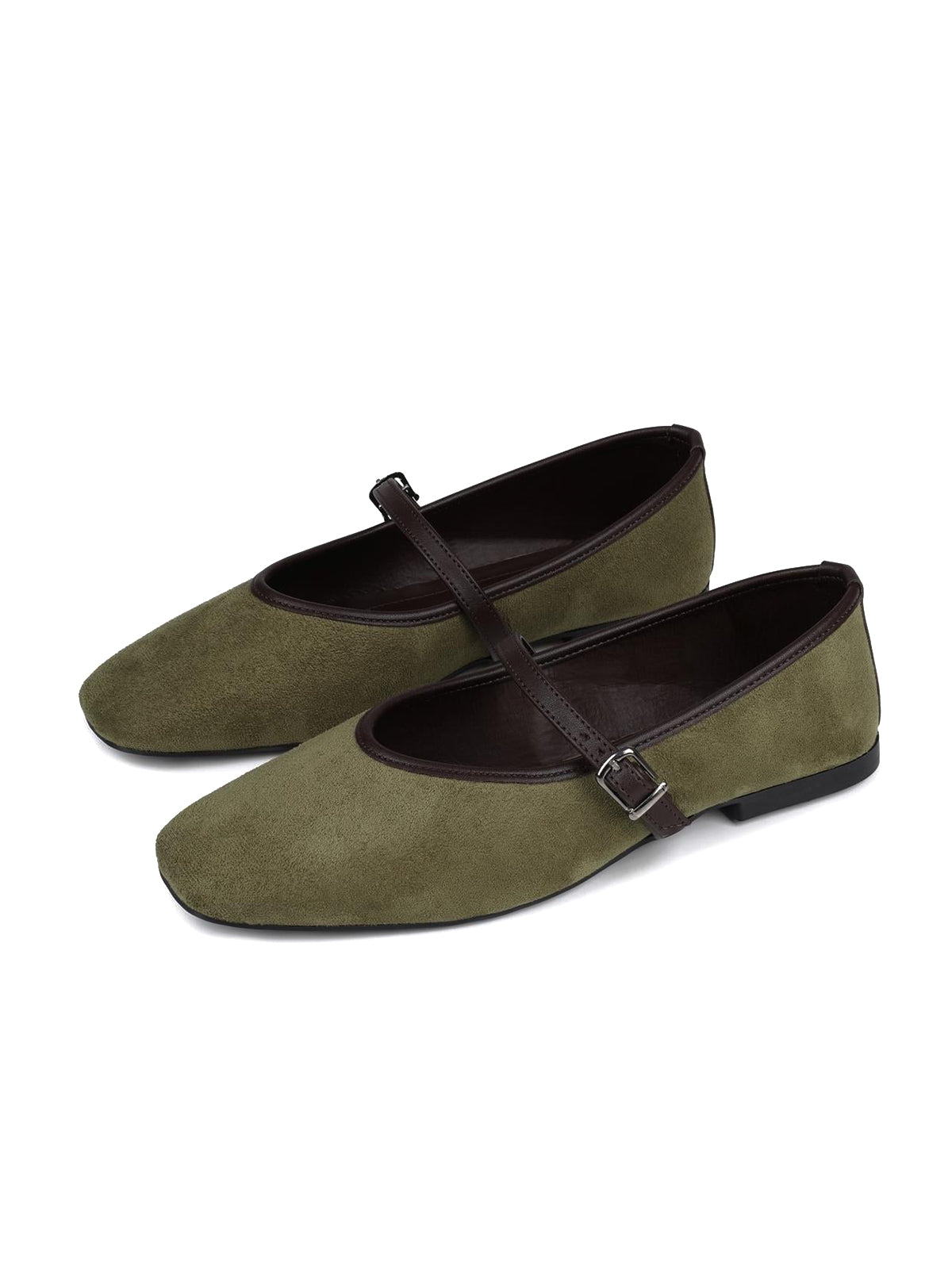 Olive Green Faux Suede Square-Toe Buckle Bridge Strap Classic Ballet Flats