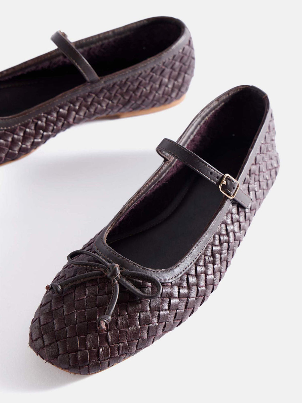 Burgundy Woven Vegan Leather Square-Toe Front Bow And Mary Jane Flats