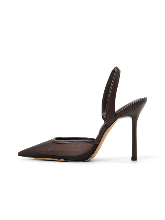 Dark Brown Mesh Pointed-Toe Slip-On Slingback High Heels