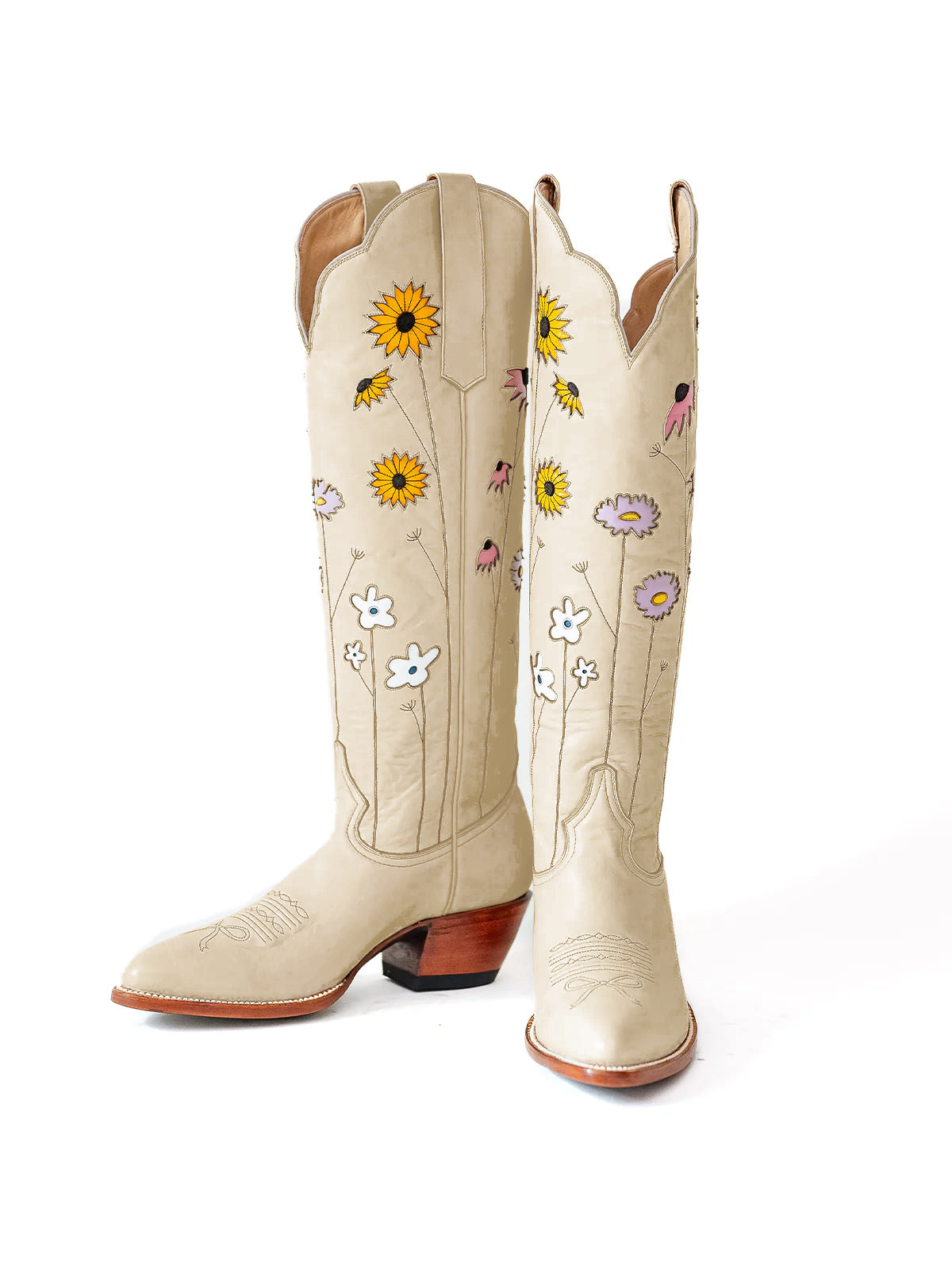 Beige Almond-Toe Colorful Flowers Inlay Wide Calf Knee High Cowgirl Boots