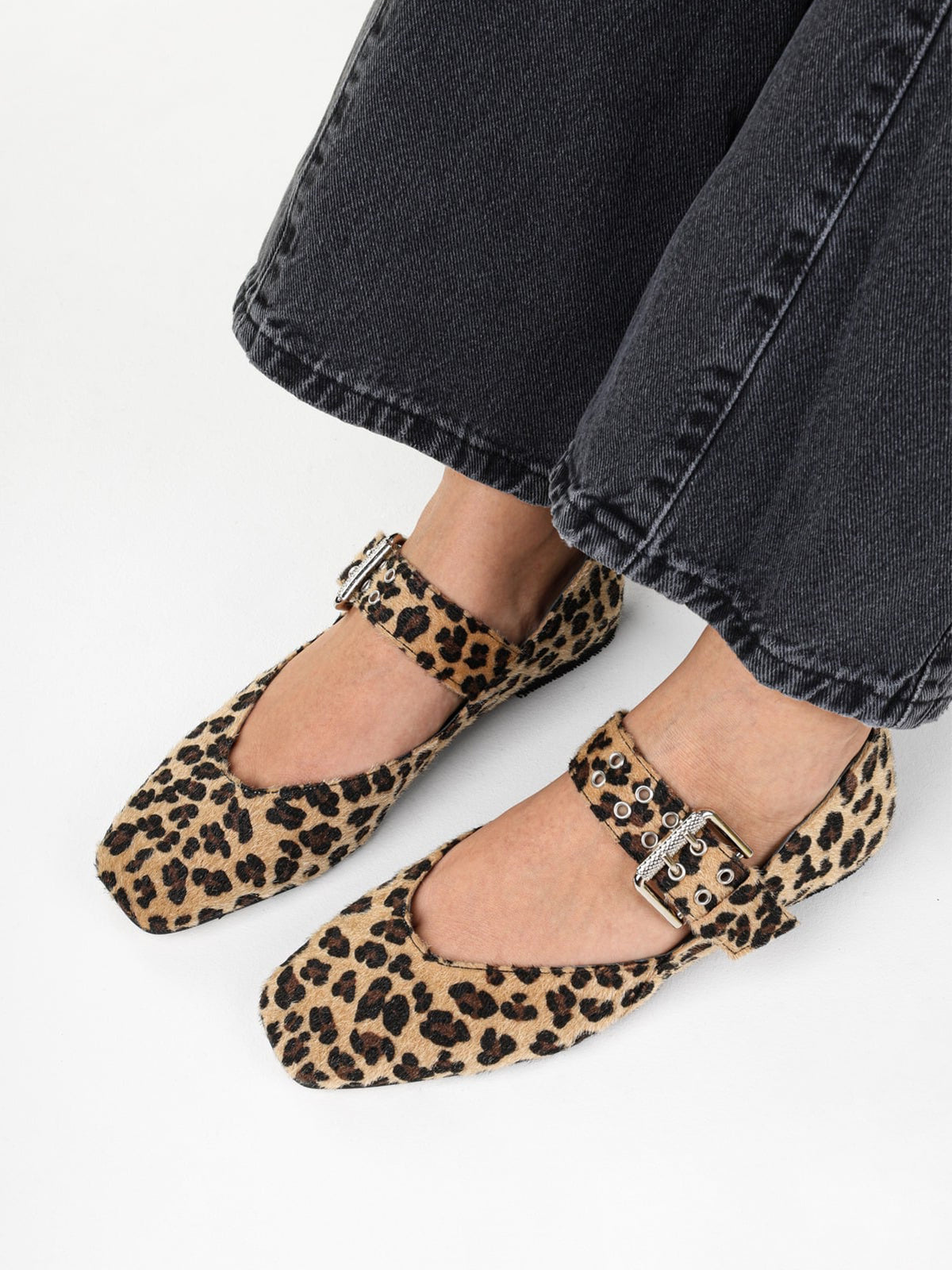 Leopard Print Square-Toe Buckle Bridge Strap With Eyelets Ballet Flats