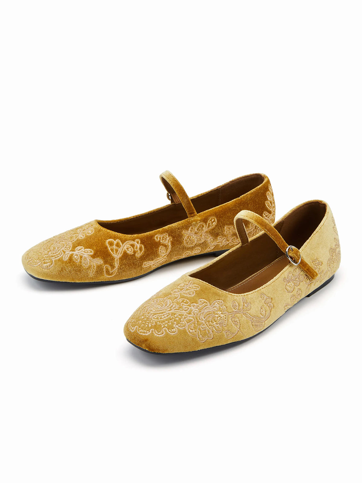 Ginger Yellow Velvet Square-Toe Leaves Embroidery Chic Mary Jane Ballet Flats