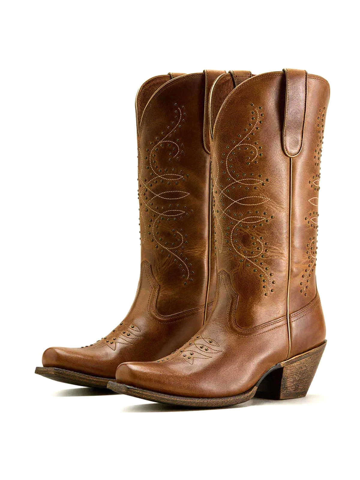 Tan Square-Toe Stitch And Studs Chic Mid Calf Cowgirl Boots
