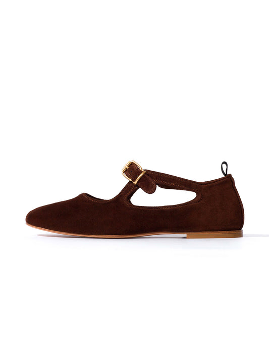 Square-Toe Buckle Strap Chic Flats - Chocolate Faux Suede