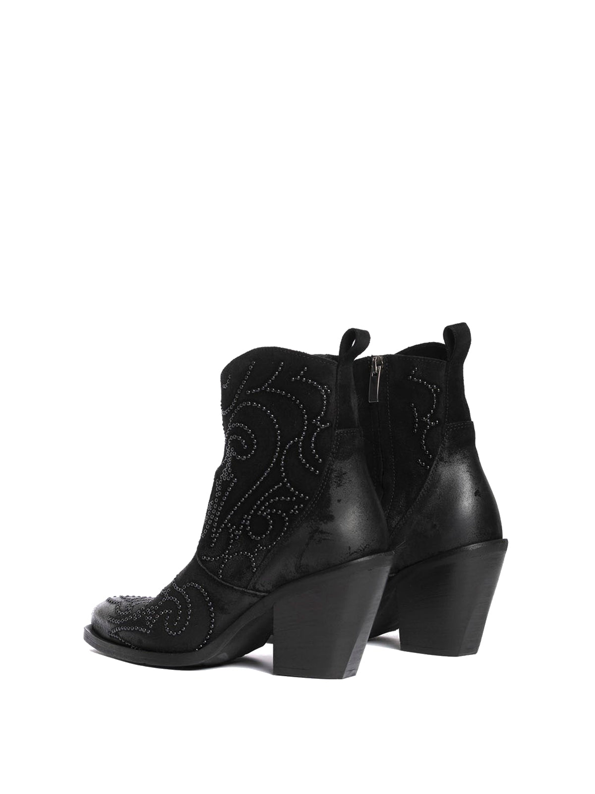 Black Faux Suede Snip-Toe Studded Full-Zip Ankle Cowgirl Boots