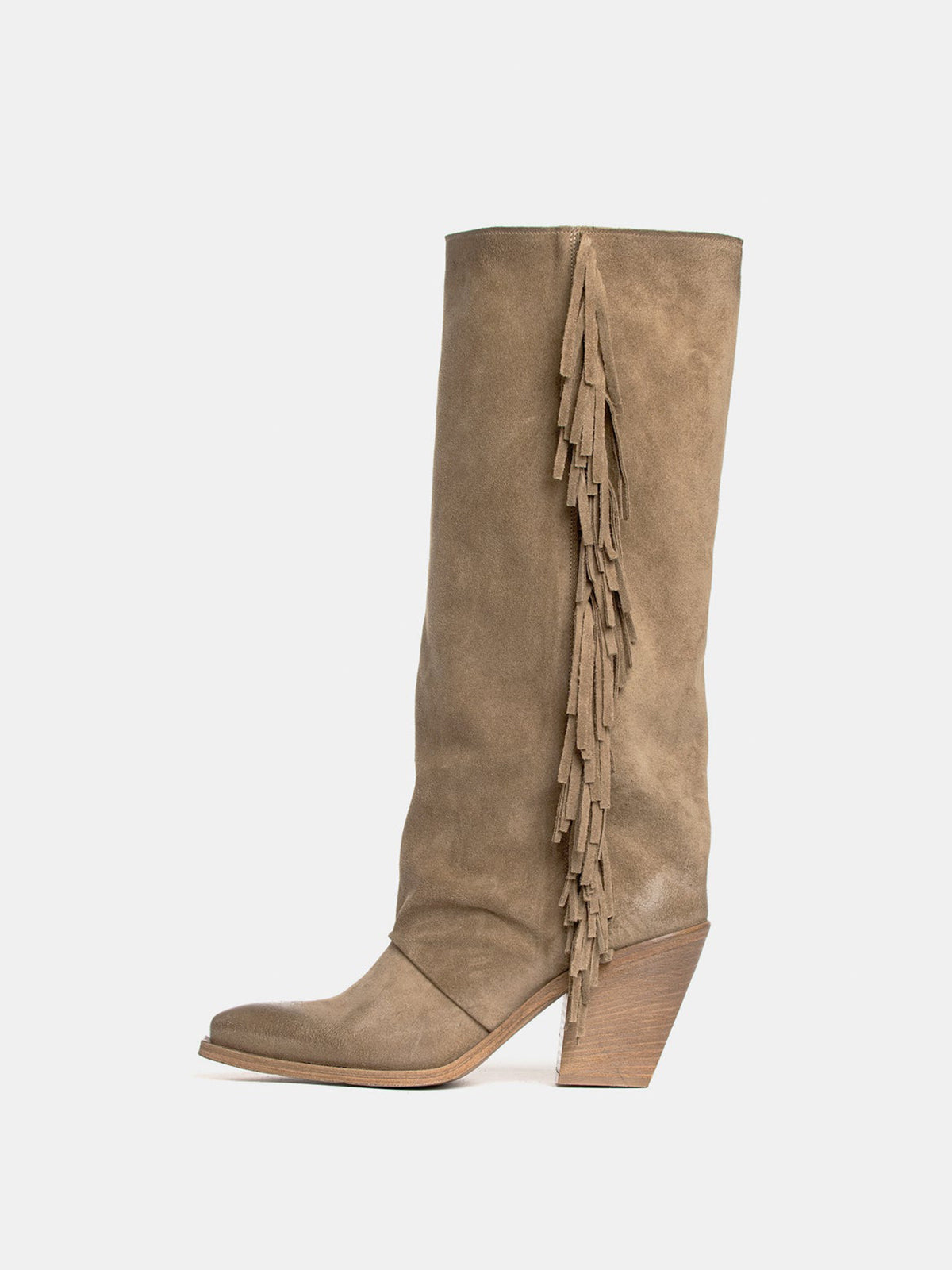 Taupe Faux Suede Snip-Toe Side Fringe Wide Calf Knee High Cowgirl Boots