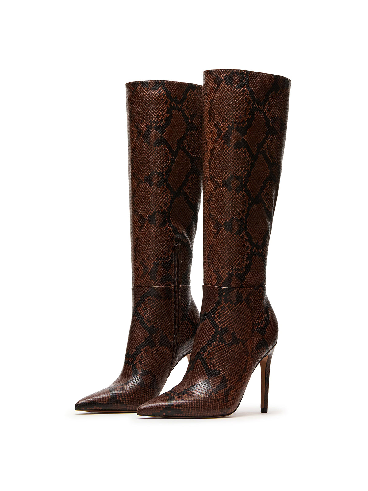 Brown Snakeskin Pattern Pointed-Toe Half-Zip Knee High Stiletto Boots