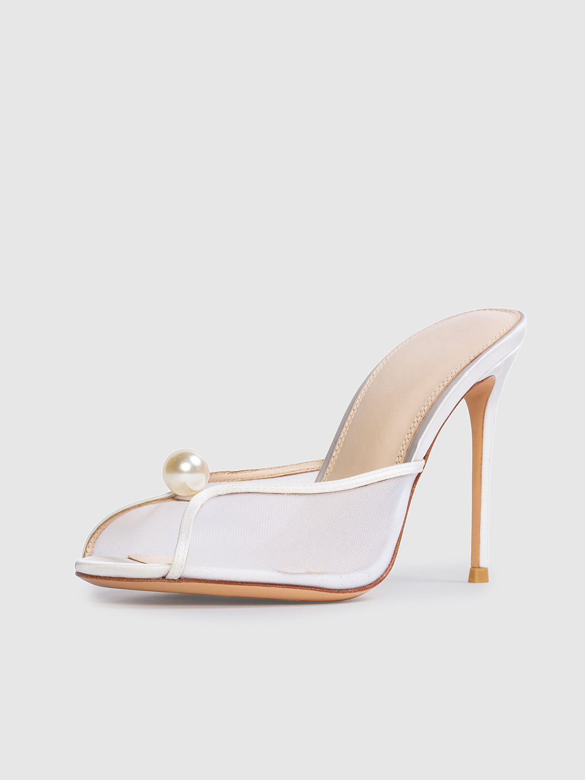 White Mesh Round-Toe Front Pearl High Heels