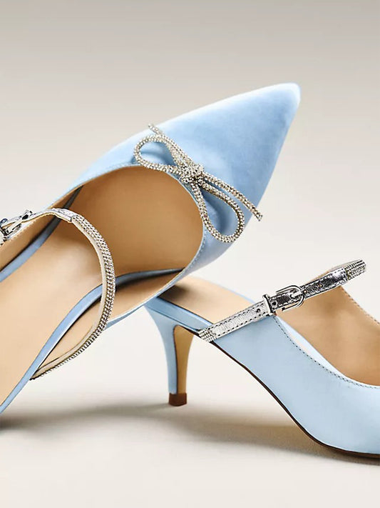 Blue Satin Pointed-Toe Bridge Strap Kitten Heels With Bow