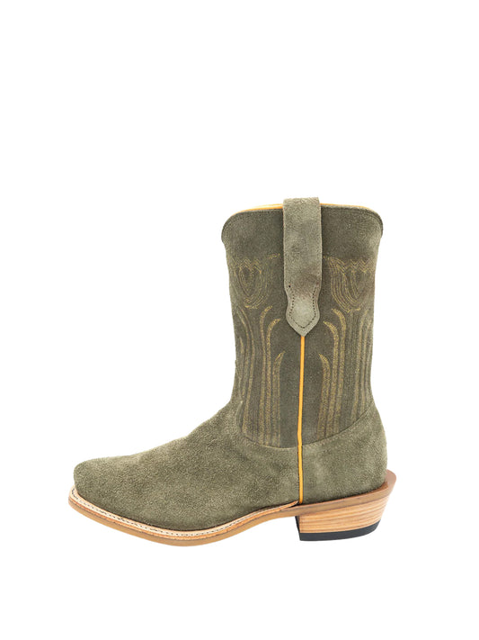 Olive Green Snip-Toe Tulip Embroidery Ankle Cowgirl Boots