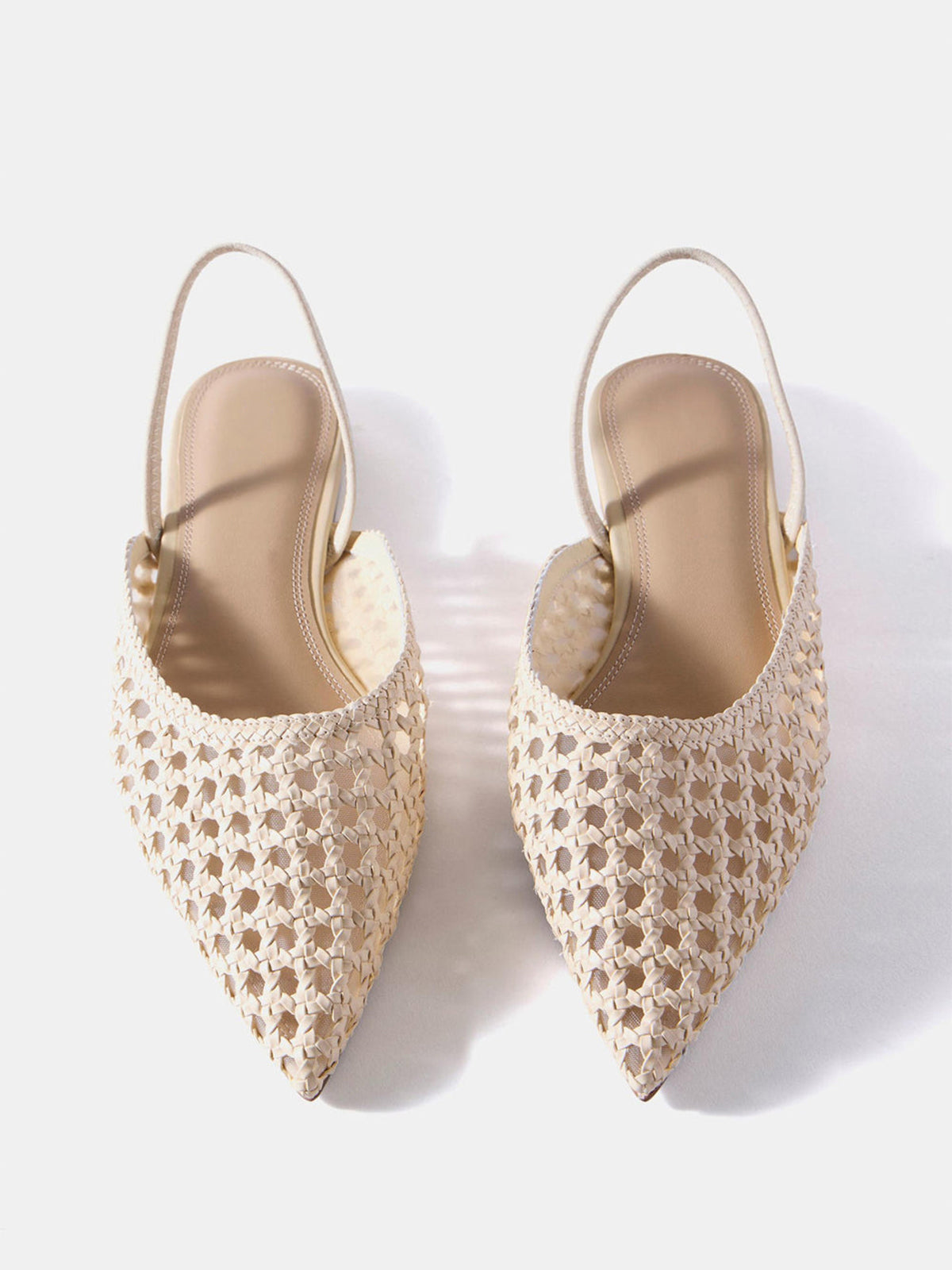 Cream Woven Vegan Leather Pointed-Toe Chic Back Strap Flats