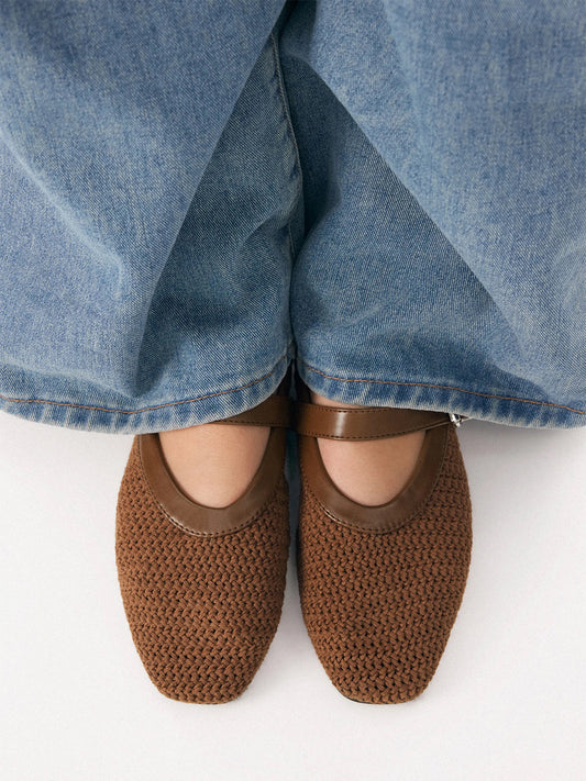 Brown Woven Square-Toe Classic Mary Jane Flats