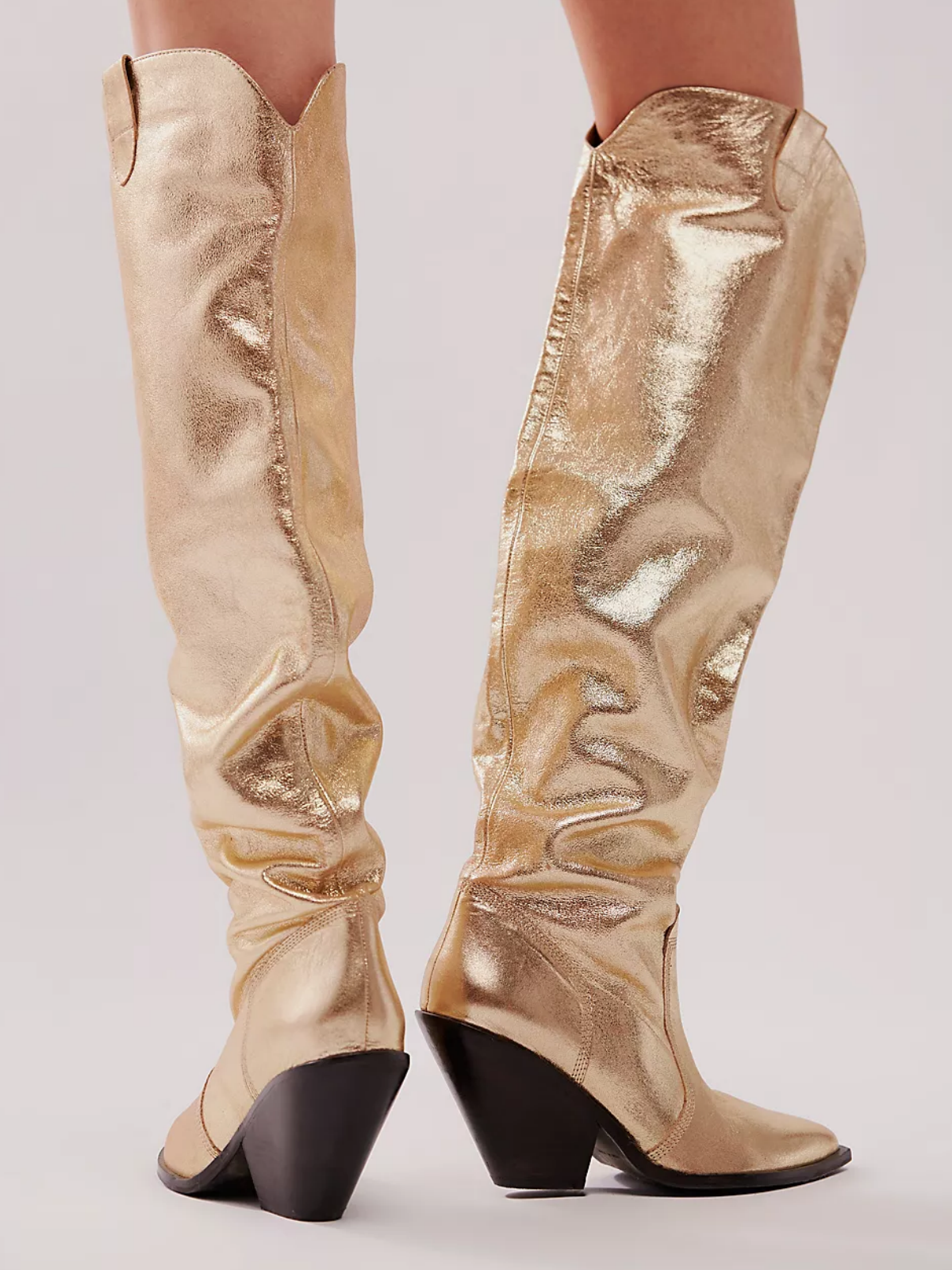 Metallic Gold Pointy Knee High Western Boots Slouchy Mid Calf Cowgirl Boots