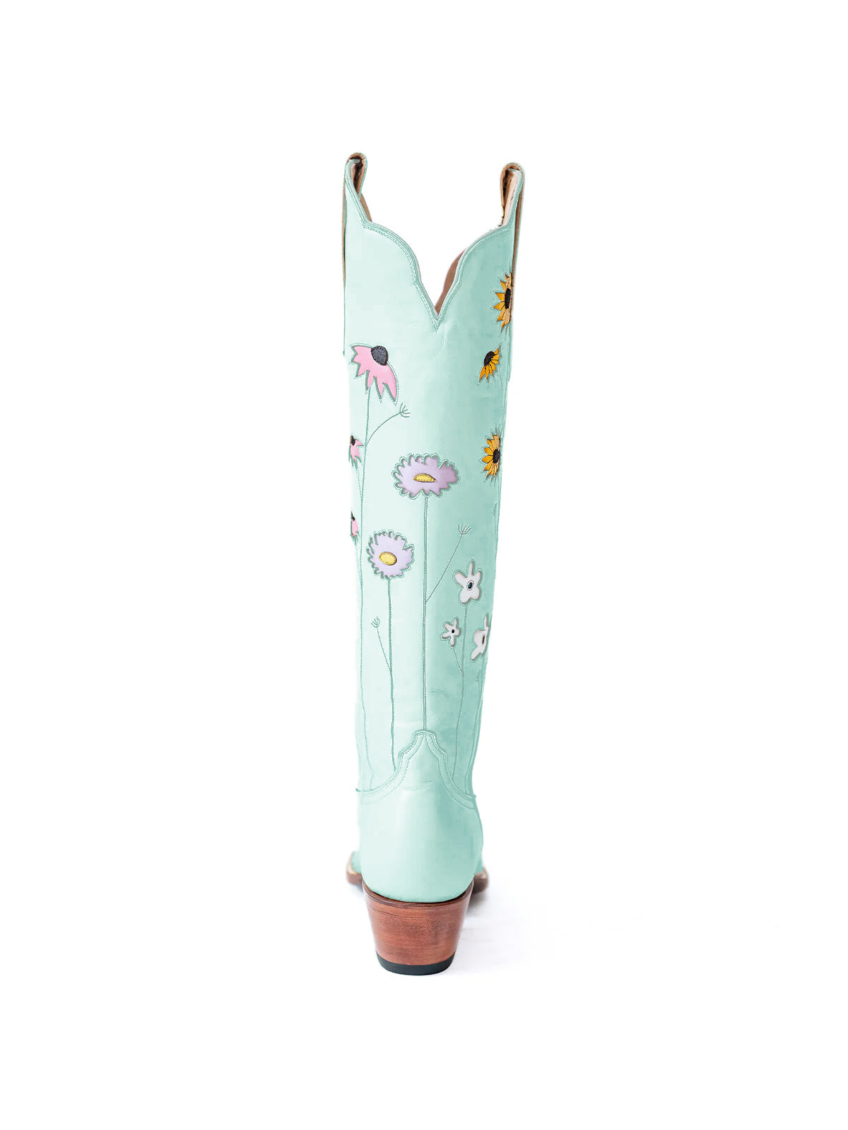 Light Blue Almond-Toe Colorful Flowers Inlay Wide Calf Knee High Cowgirl Boots