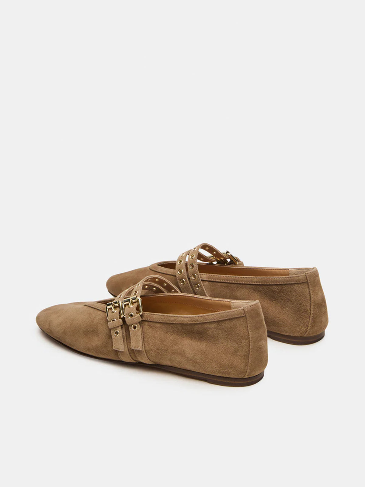 Taupe Faux Suede Square-Toe Double Bridge Straps Ballet Flats