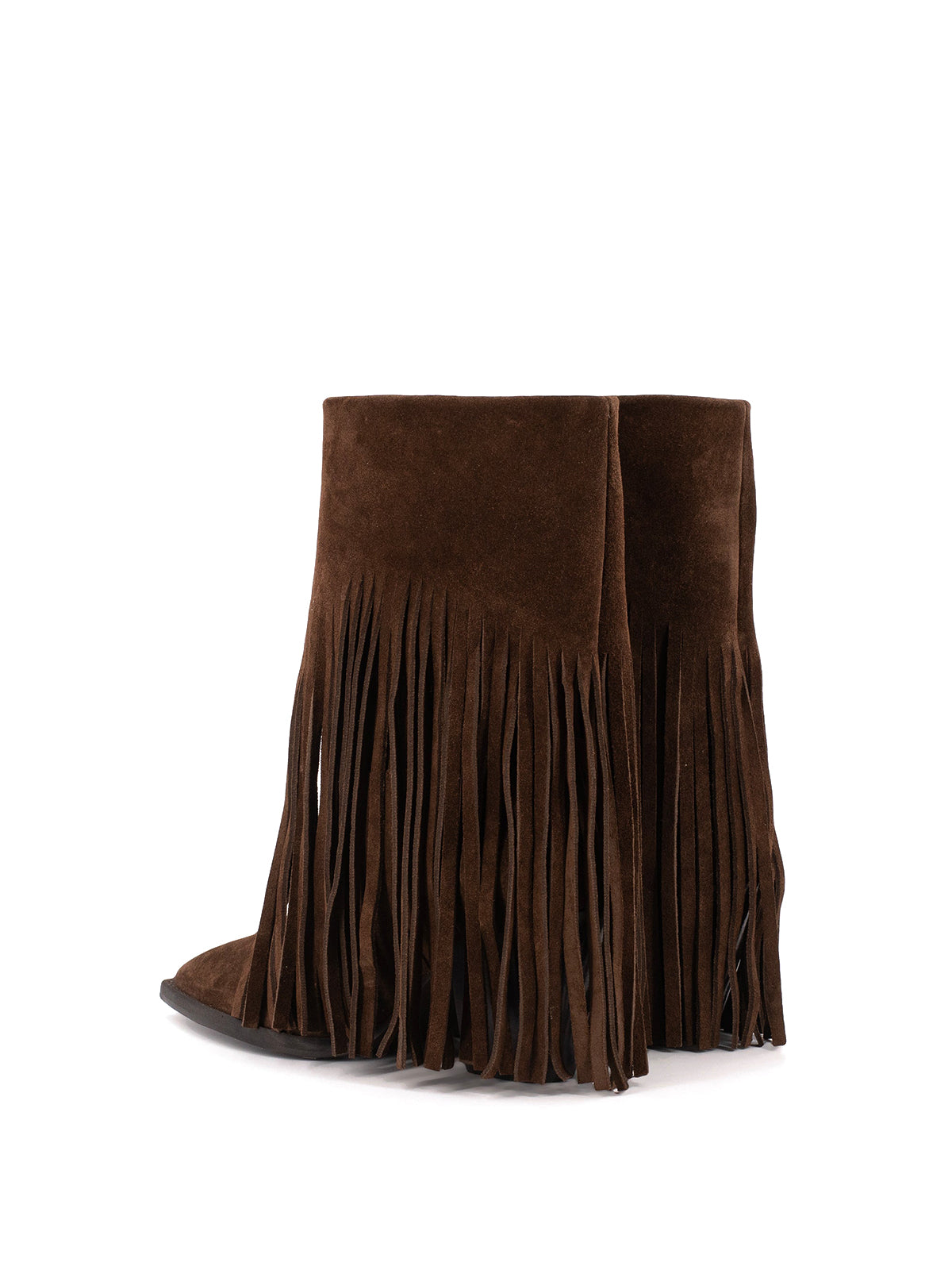Dark Brown Faux Suede Pointed-Toe Fringe Mid Calf Cowgirl Boots
