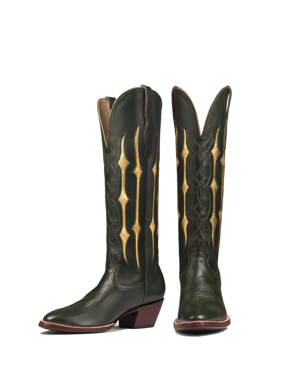 Green Contrast Metallic Gold Inlay Stitch Almond-Toe Wide Knee High Western Cowgirl Boots