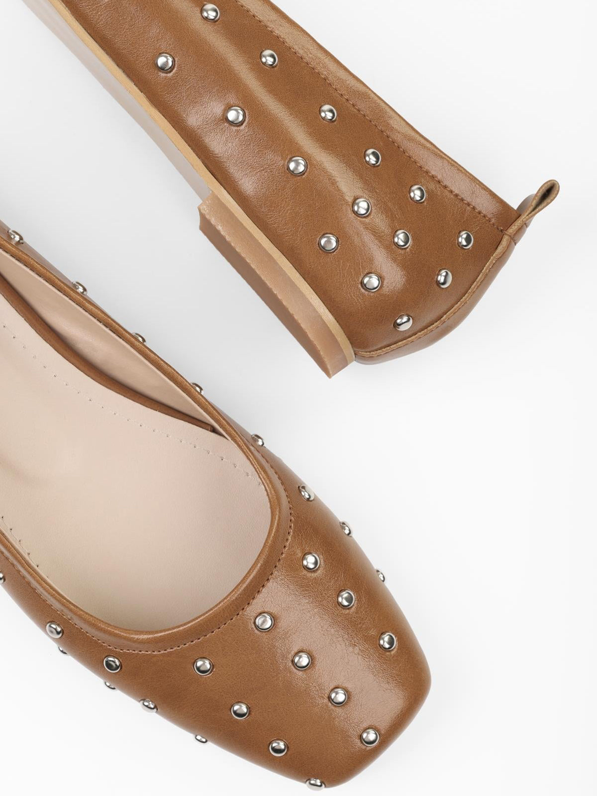 Caramel Square-Toe Tiny Studs Slip-On Flats