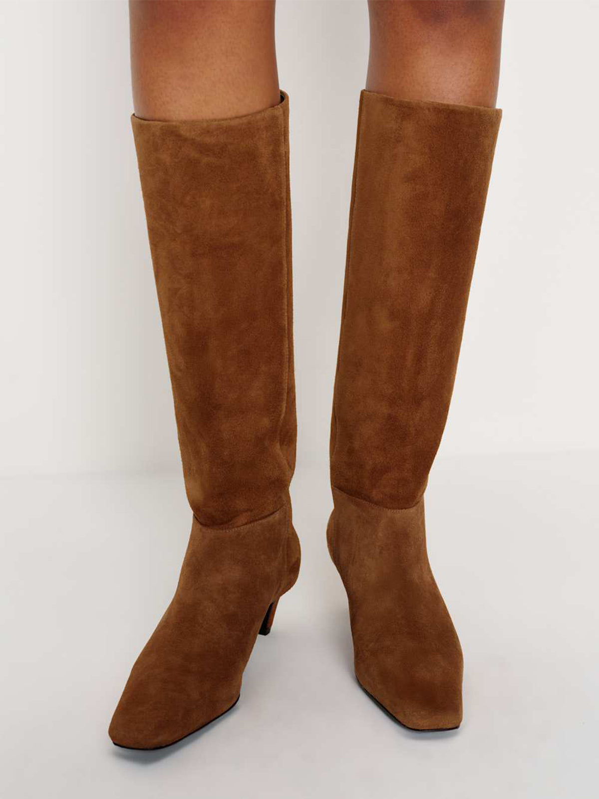 Brown Faux Suede Square-Toe Simple Wide Calf Knee High Stiletto Boots