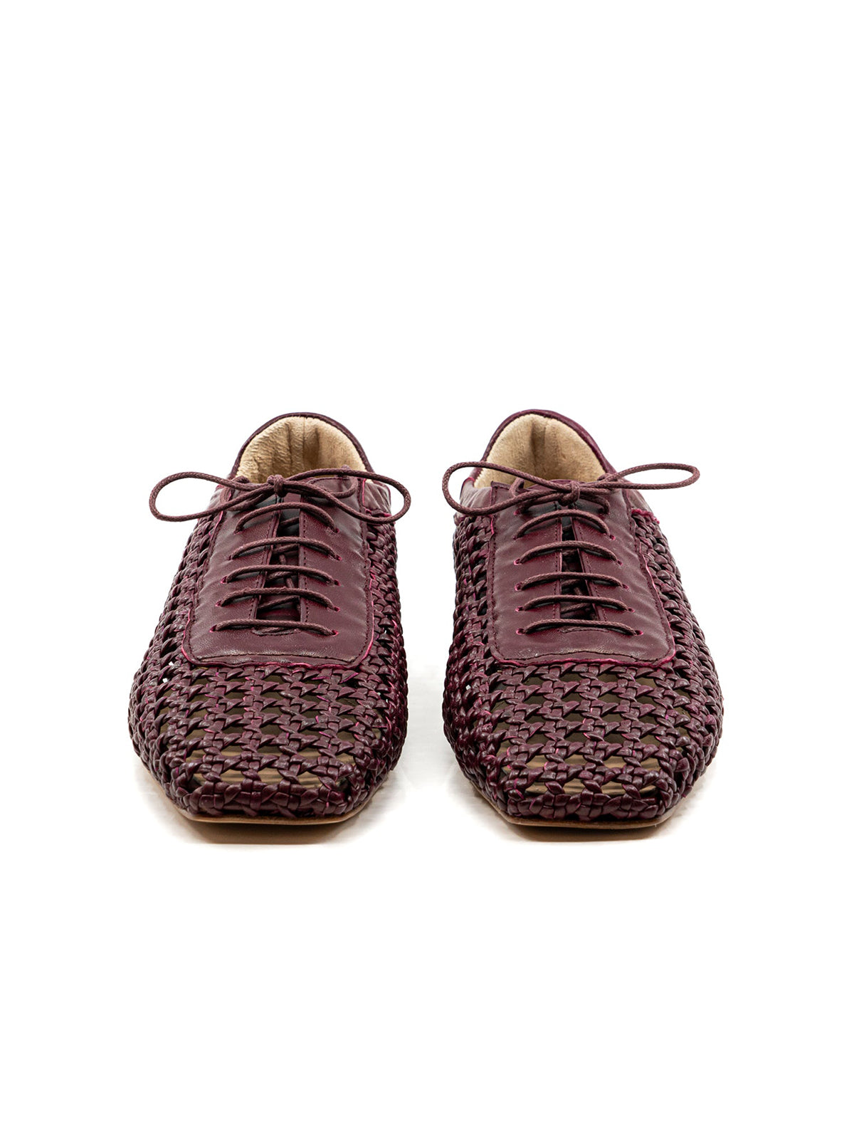 Burgundy Woven Vegan Leather Square-Toe Chic Lace-Up Flats