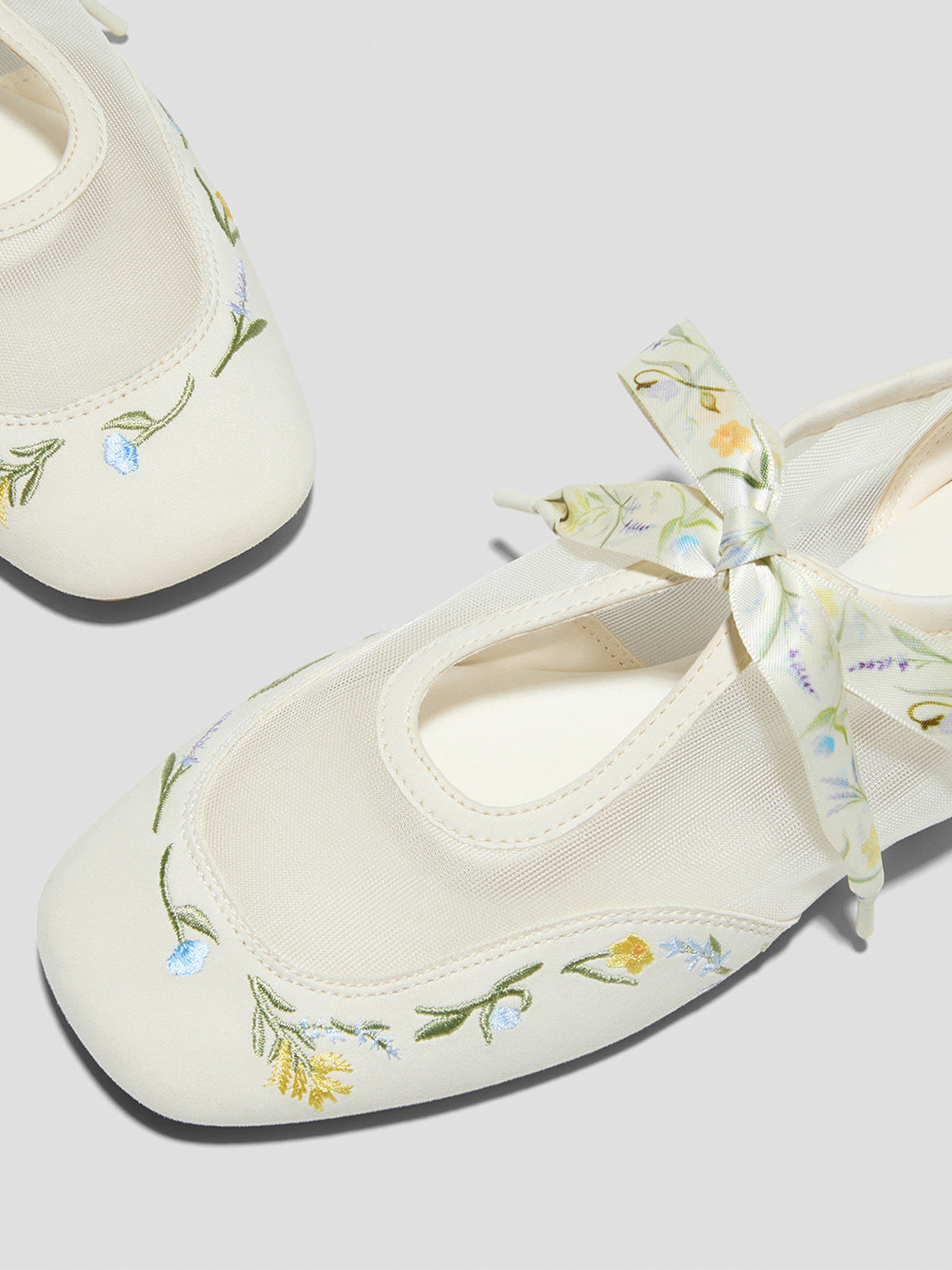 Cream Mesh And Faux Suede Square-Toe Floral Embroidery Bridge Bow Strap Flats